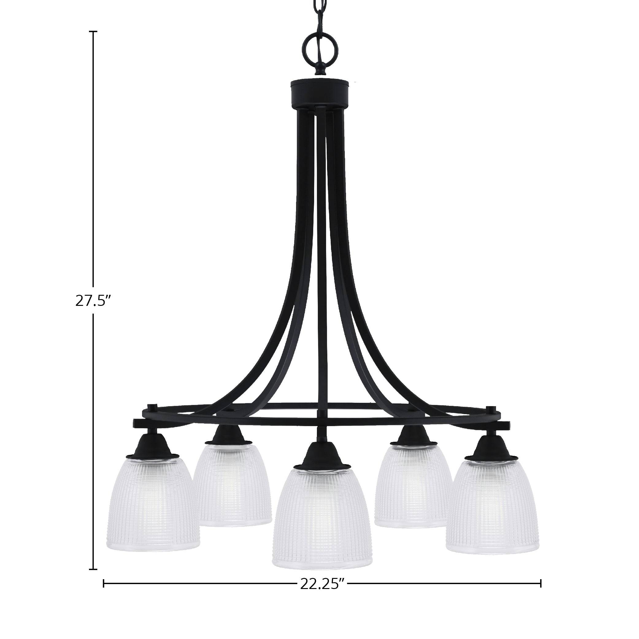 Paramount Five Light Chandelier in Matte Black with 5" Clear Ribbed Shade