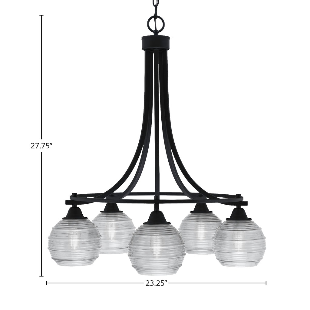 Paramount Five Light Chandelier in Matte Black with 6" Clear Ribbed Shade