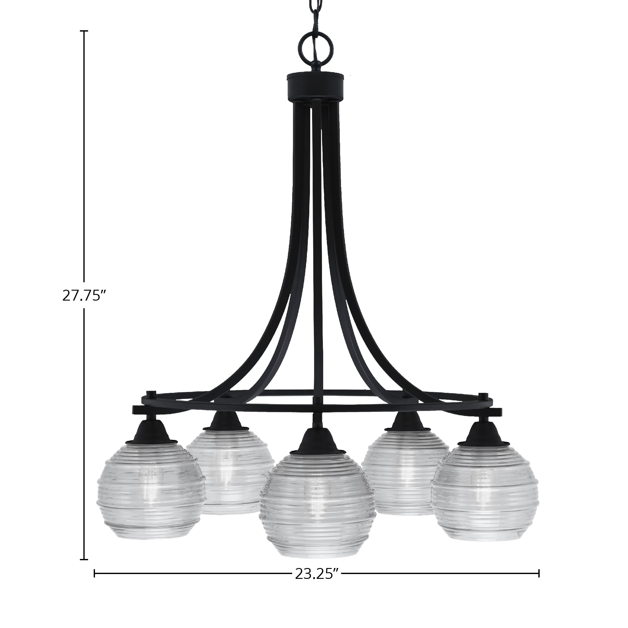 Paramount Five Light Chandelier in Matte Black with 6" Clear Ribbed Shade