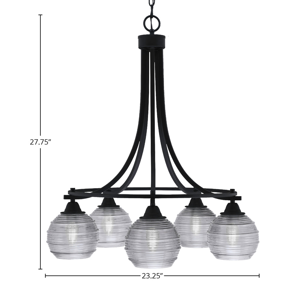 Paramount Five Light Chandelier in Matte Black with 6" Smoke Ribbed Shade