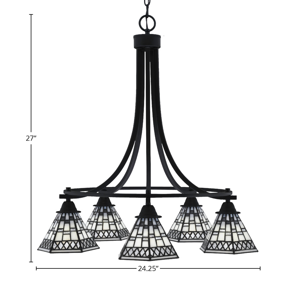 Paramount Five Light Chandelier in Matte Black with 7" Pewter Art Glass Shade