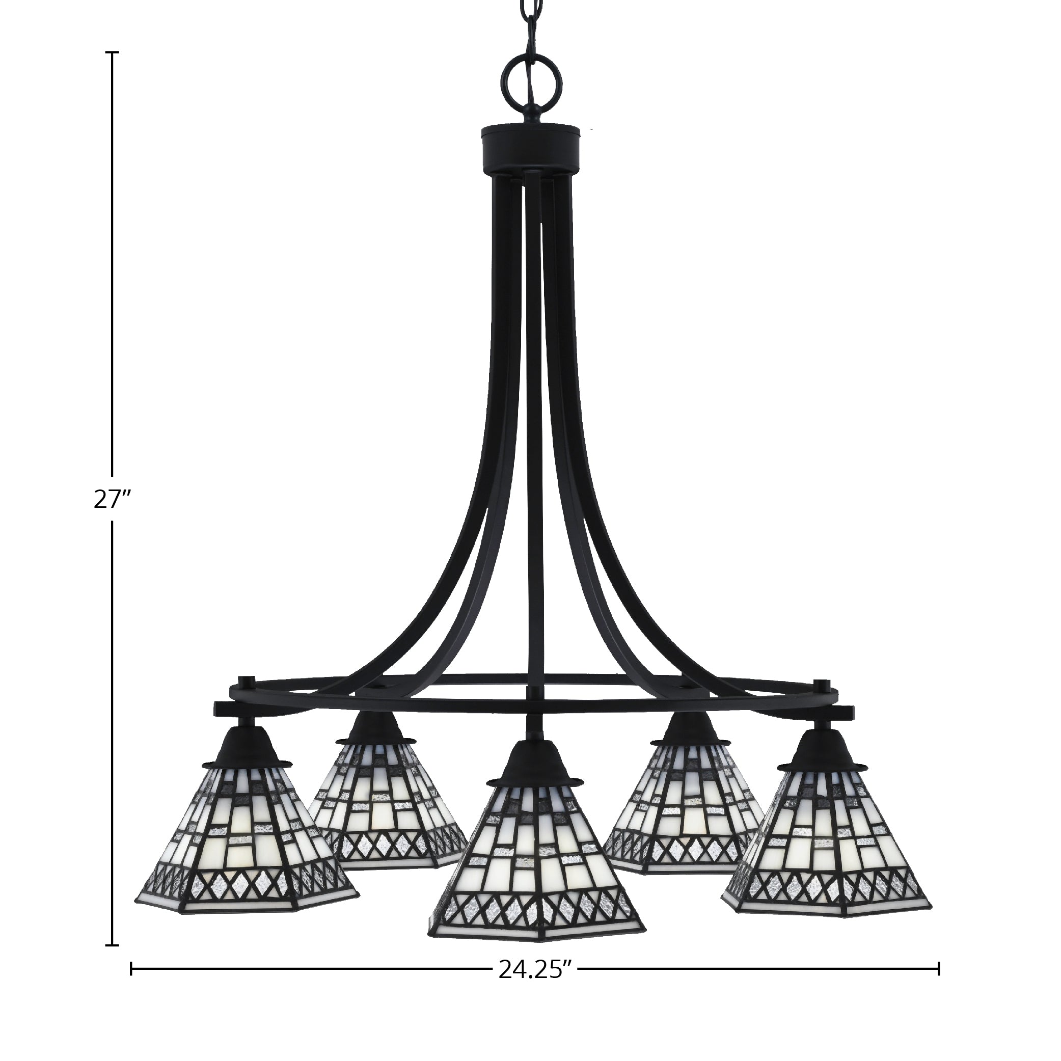 Paramount Five Light Chandelier in Matte Black with 7" Pewter Art Glass Shade
