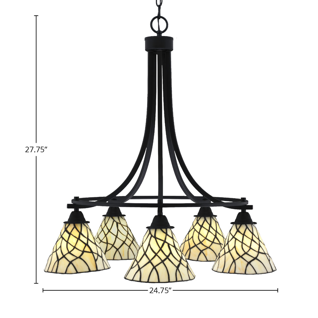 Paramount Five Light Chandelier in Matte Black with 7" Sandhill Art Glass Shade