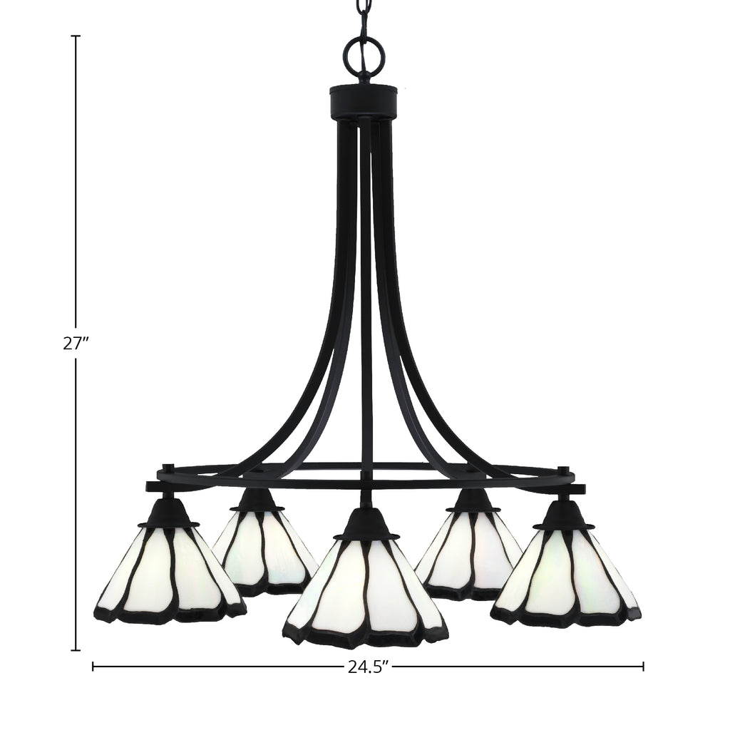Paramount Five Light Chandelier in Matte Black with 7" Pearl & Black Flair Art Glass Shade