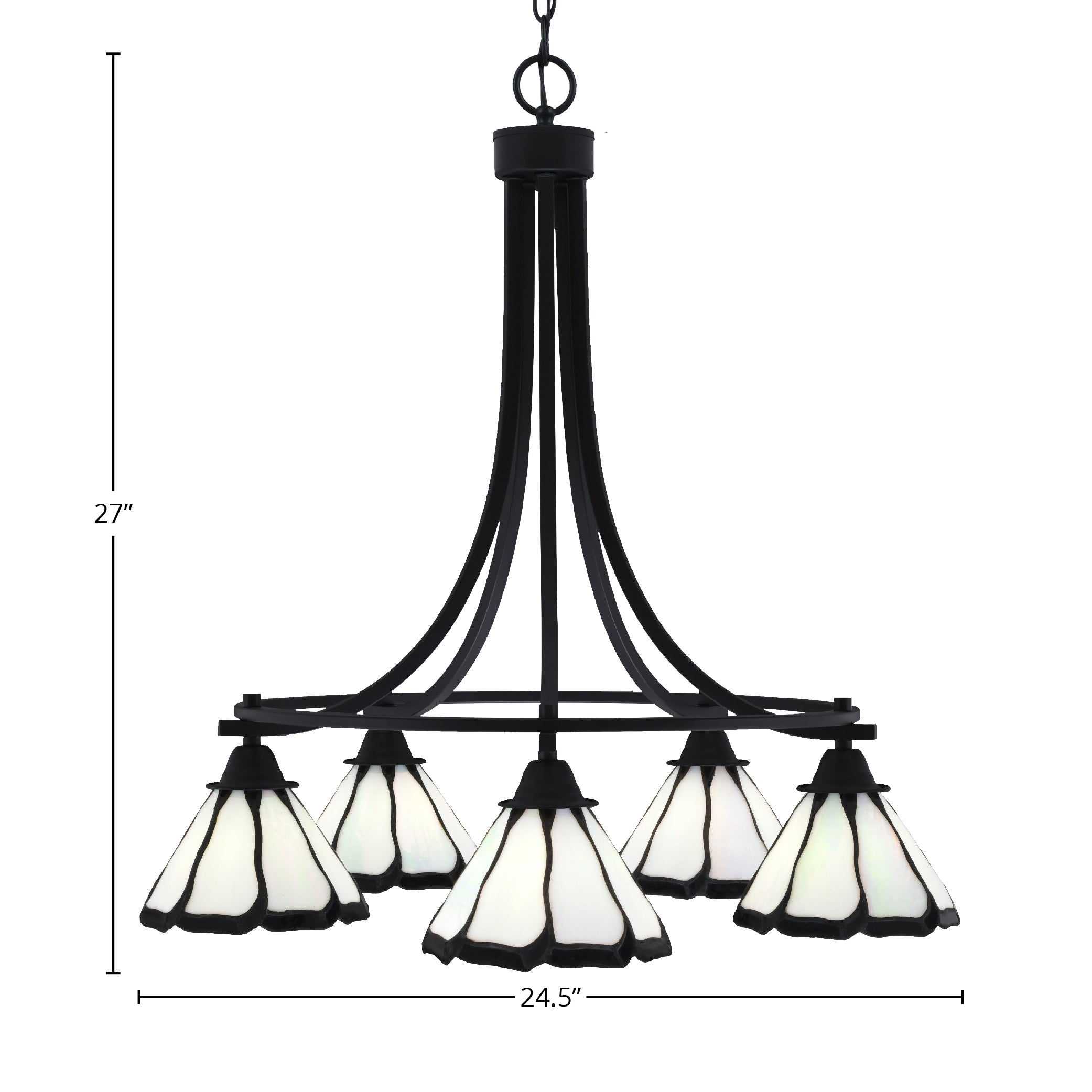 Paramount Five Light Chandelier in Matte Black with 7" Pearl & Black Flair Art Glass Shade