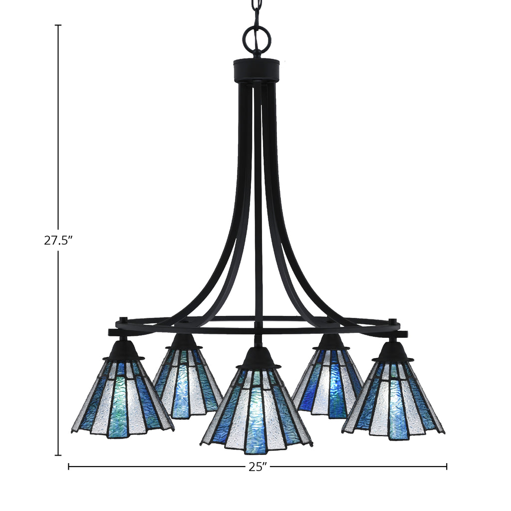 Paramount Five Light Chandelier in Matte Black with 7" Sea Ice Art Glass Shade