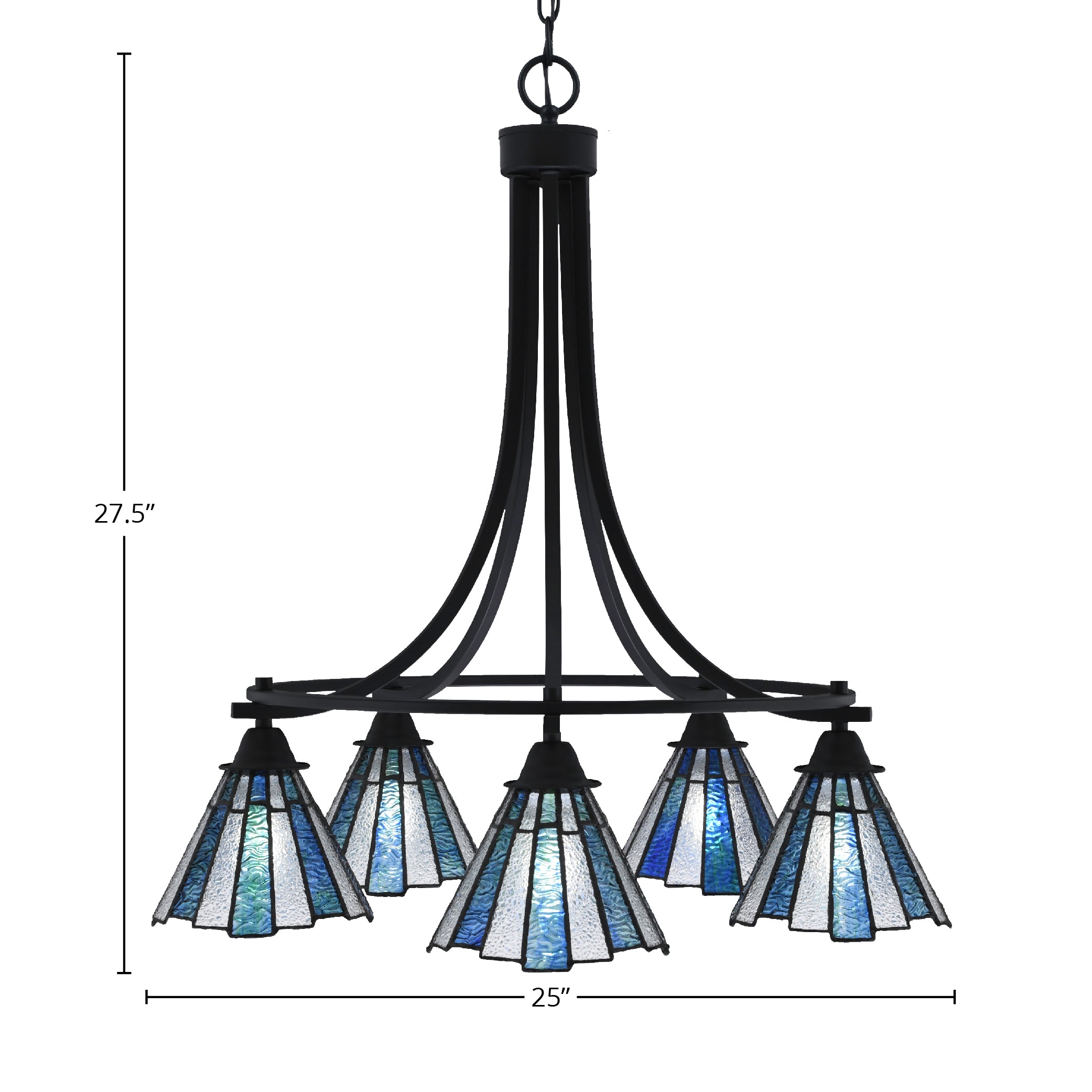 Paramount Five Light Chandelier in Matte Black with 7" Sea Ice Art Glass Shade