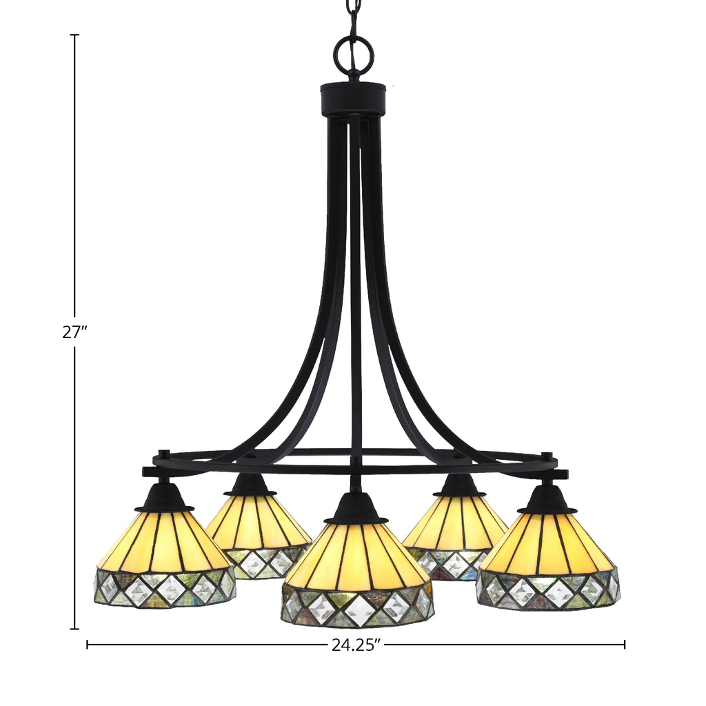 Paramount Five Light Chandelier in Matte Black with 7" Diamond Peak Art Glass Shade