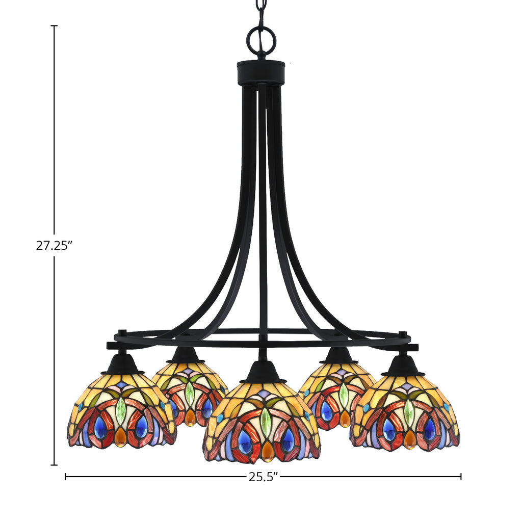 Paramount Five Light Chandelier in Matte Black with 7" Lynx Art Glass Shade