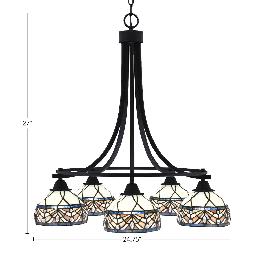 Paramount Five Light Chandelier in Matte Black with 7" Royal Merlot Art Glass Shade