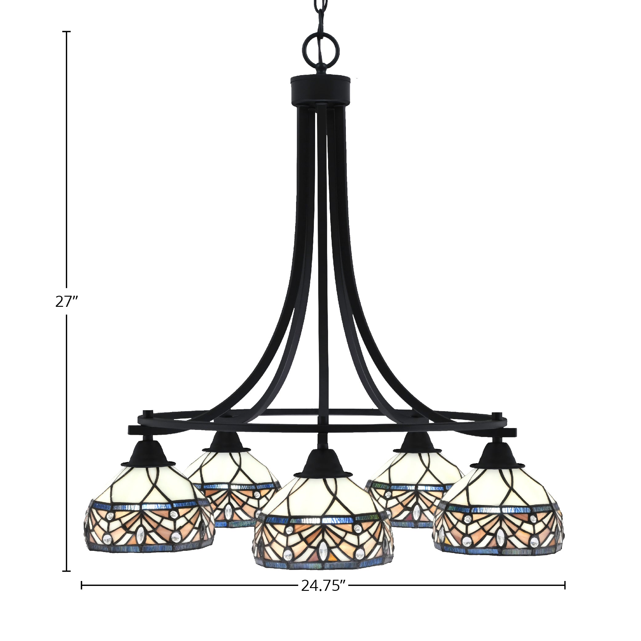 Paramount Five Light Chandelier in Matte Black with 7" Royal Merlot Art Glass Shade