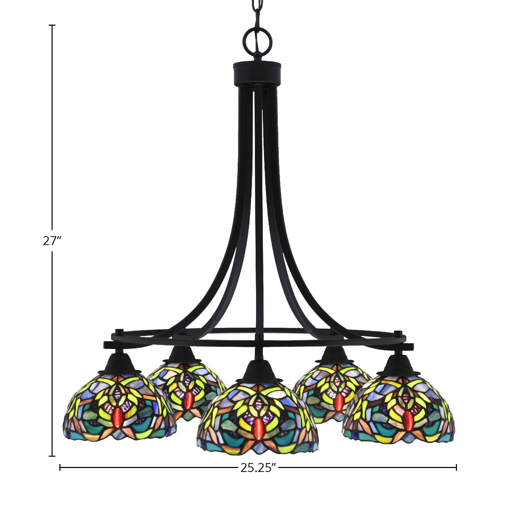 Paramount Five Light Chandelier in Matte Black with 7" Kaleidoscope Art Glass Shade
