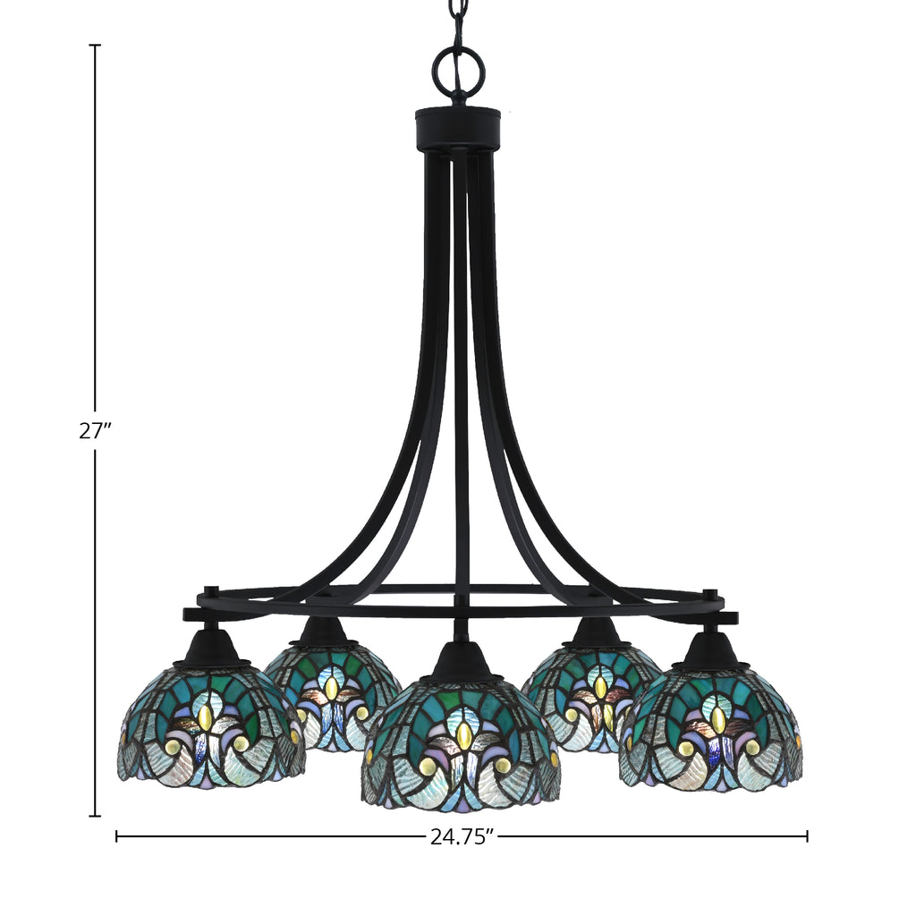 Paramount Five Light Chandelier in Matte Black with 7" Turquoise Cypress Art Glass Shade