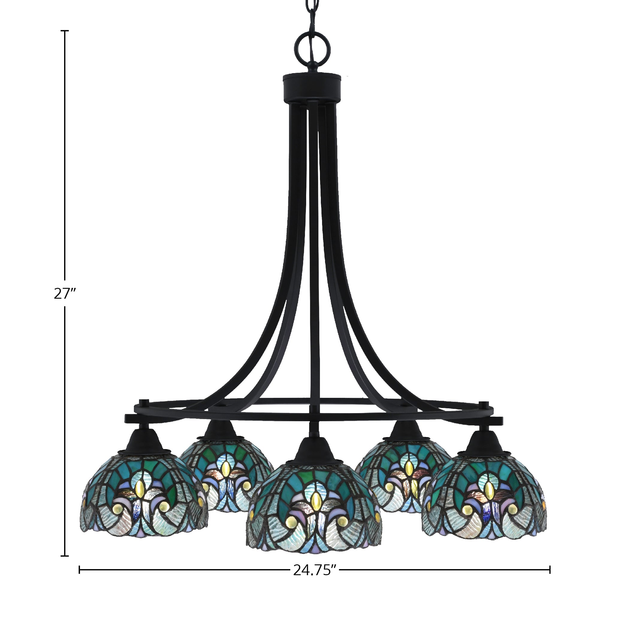 Paramount Five Light Chandelier in Matte Black with 7" Turquoise Cypress Art Glass Shade