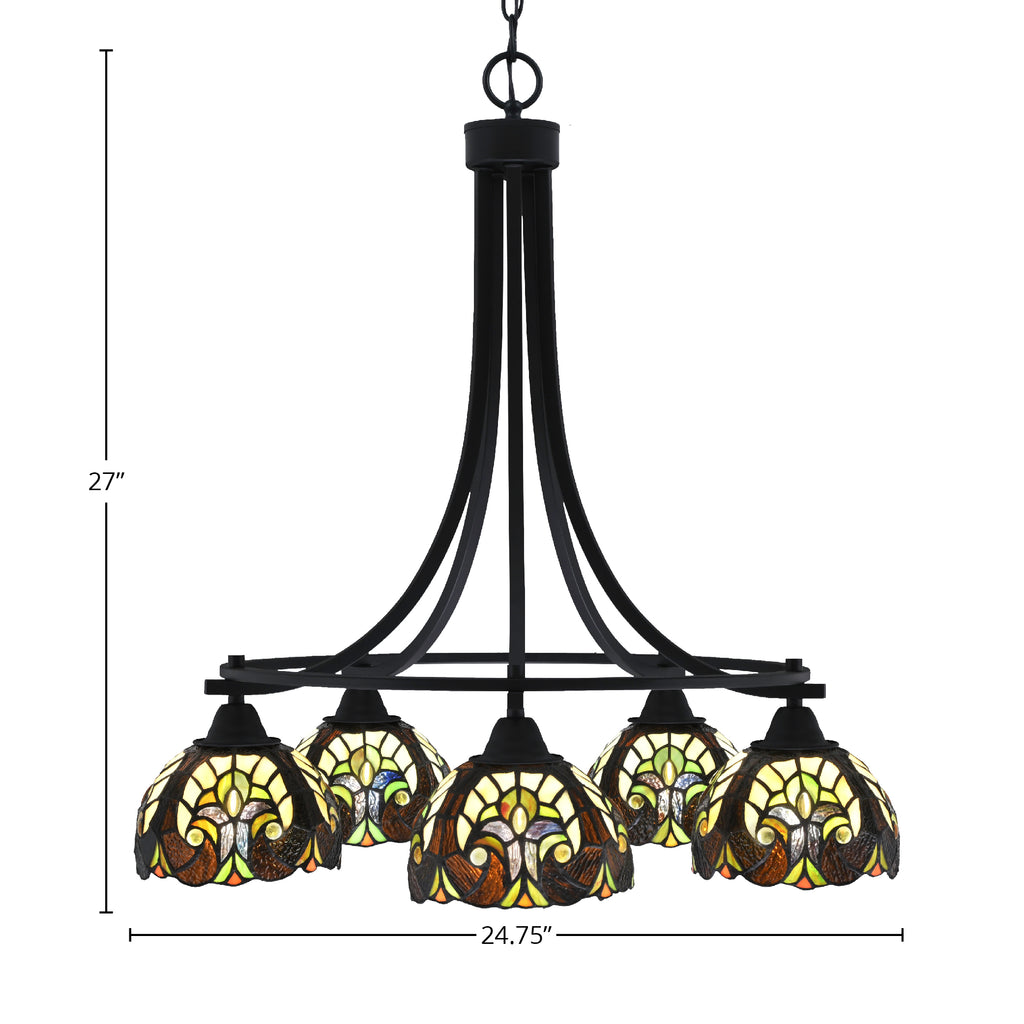 Paramount Five Light Chandelier in Matte Black with 7" Ivory Cypress Art Glass Shade