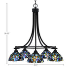 Paramount Five Light Chandelier in Matte Black with 7" Blue Mosaic Art Glass Shade