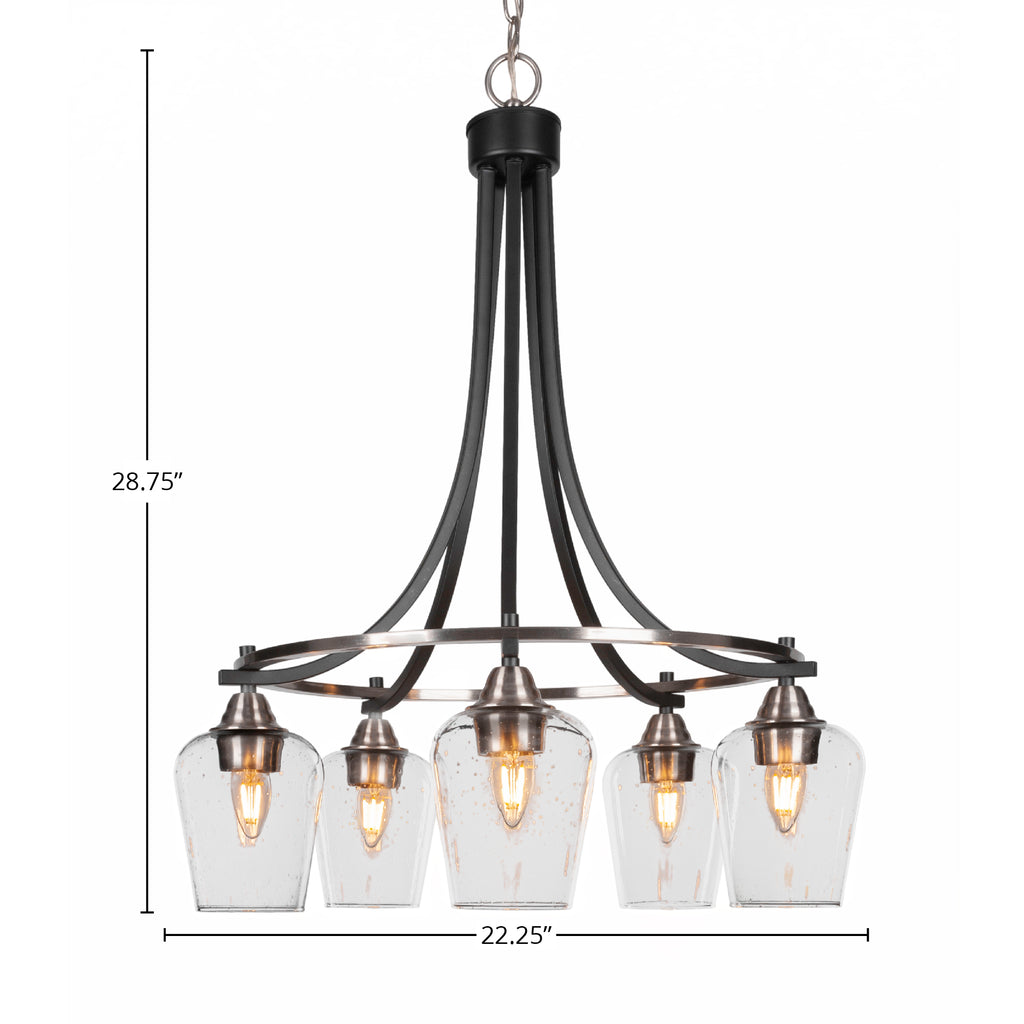 Paramount Five Light Chandelier in Matte Black & Brushed Nickel with 5" Clear Bubble Shade