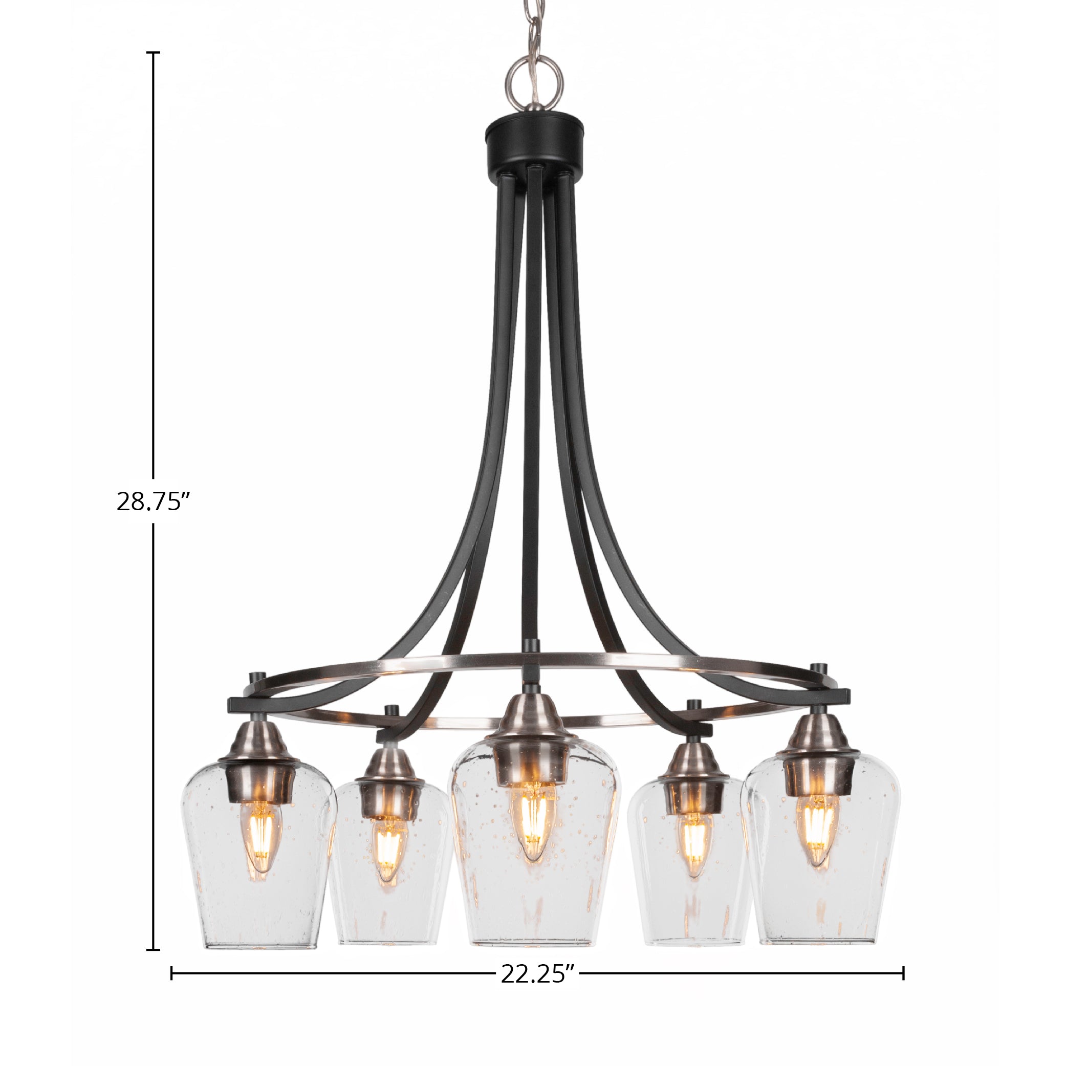 Paramount Five Light Chandelier in Matte Black & Brushed Nickel with 5" Clear Bubble Shade