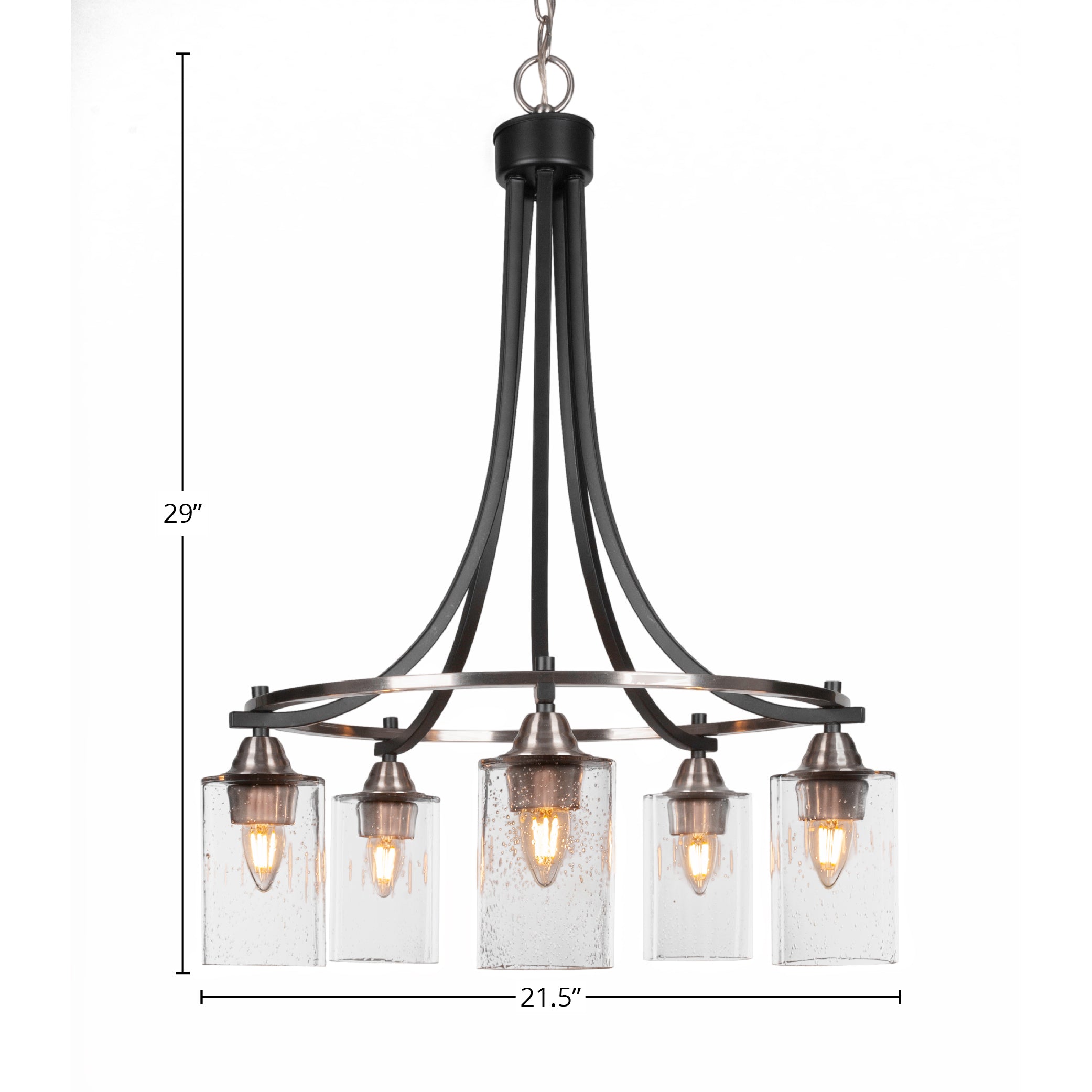 Paramount Five Light Chandelier in Matte Black & Brushed Nickel with 4" Clear Bubble Shade