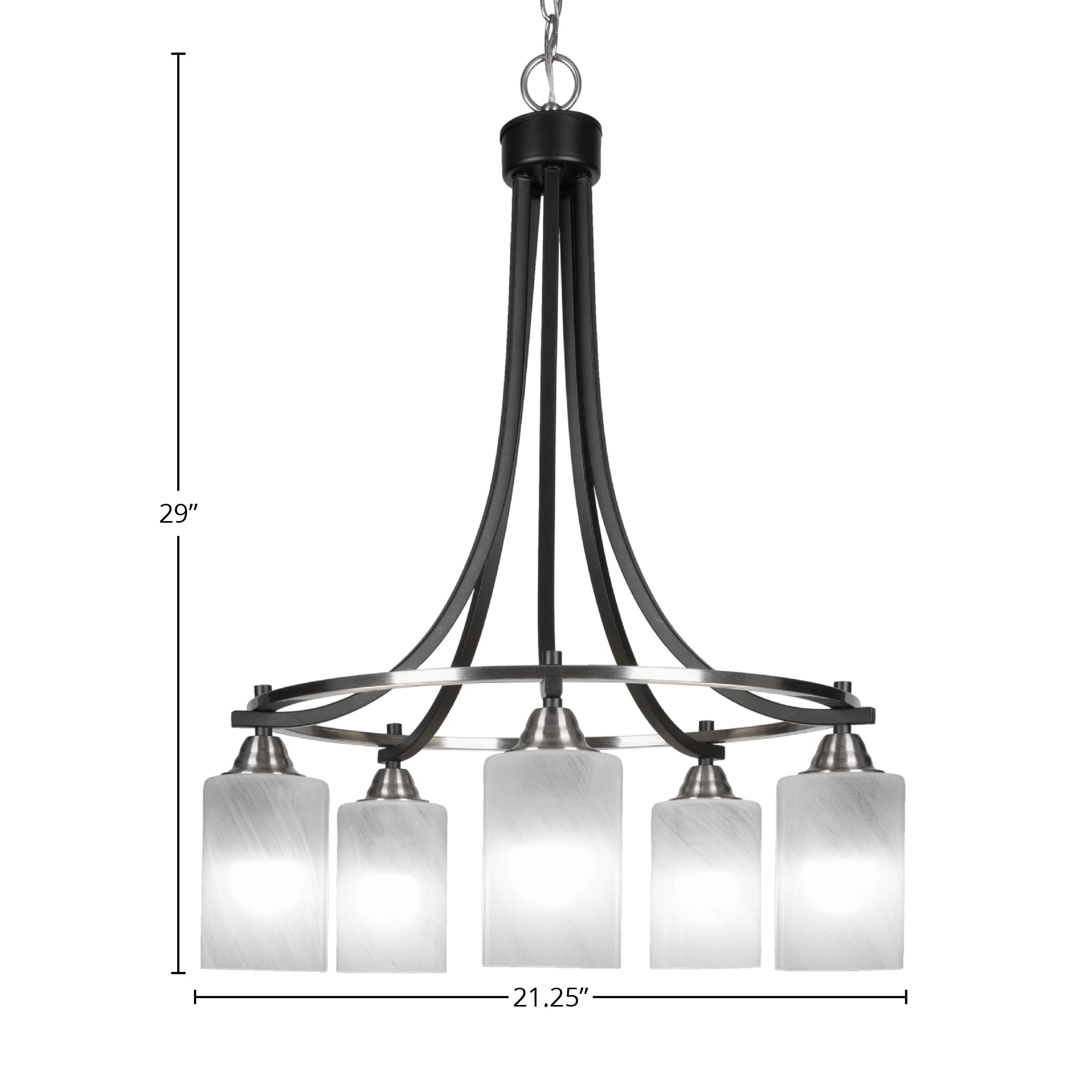 Paramount Five Light Chandelier in Matte Black & Brushed Nickel with 4" White Marble Shade