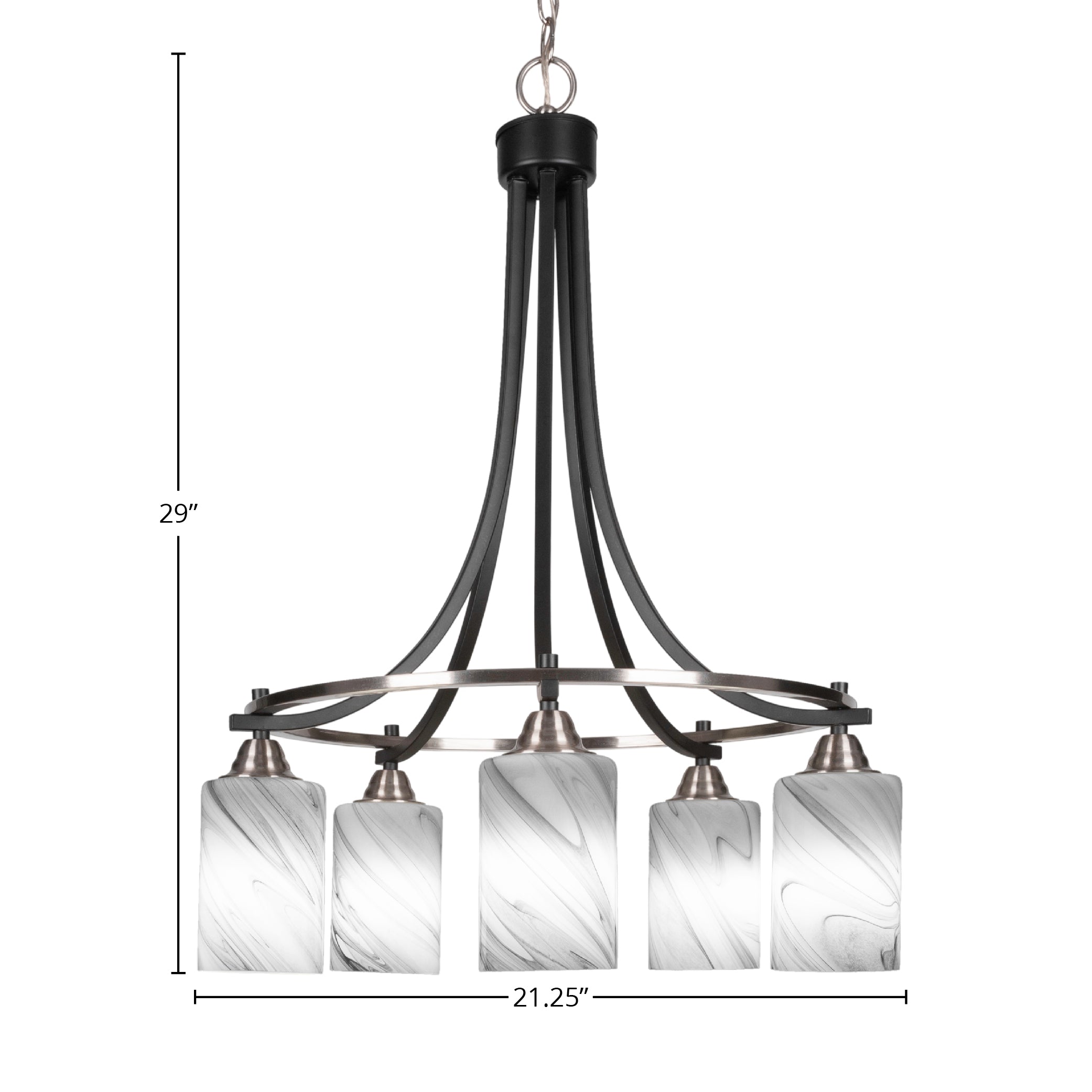 Paramount Five Light Chandelier in Matte Black & Brushed Nickel with 4" Onyx Swirl Shade