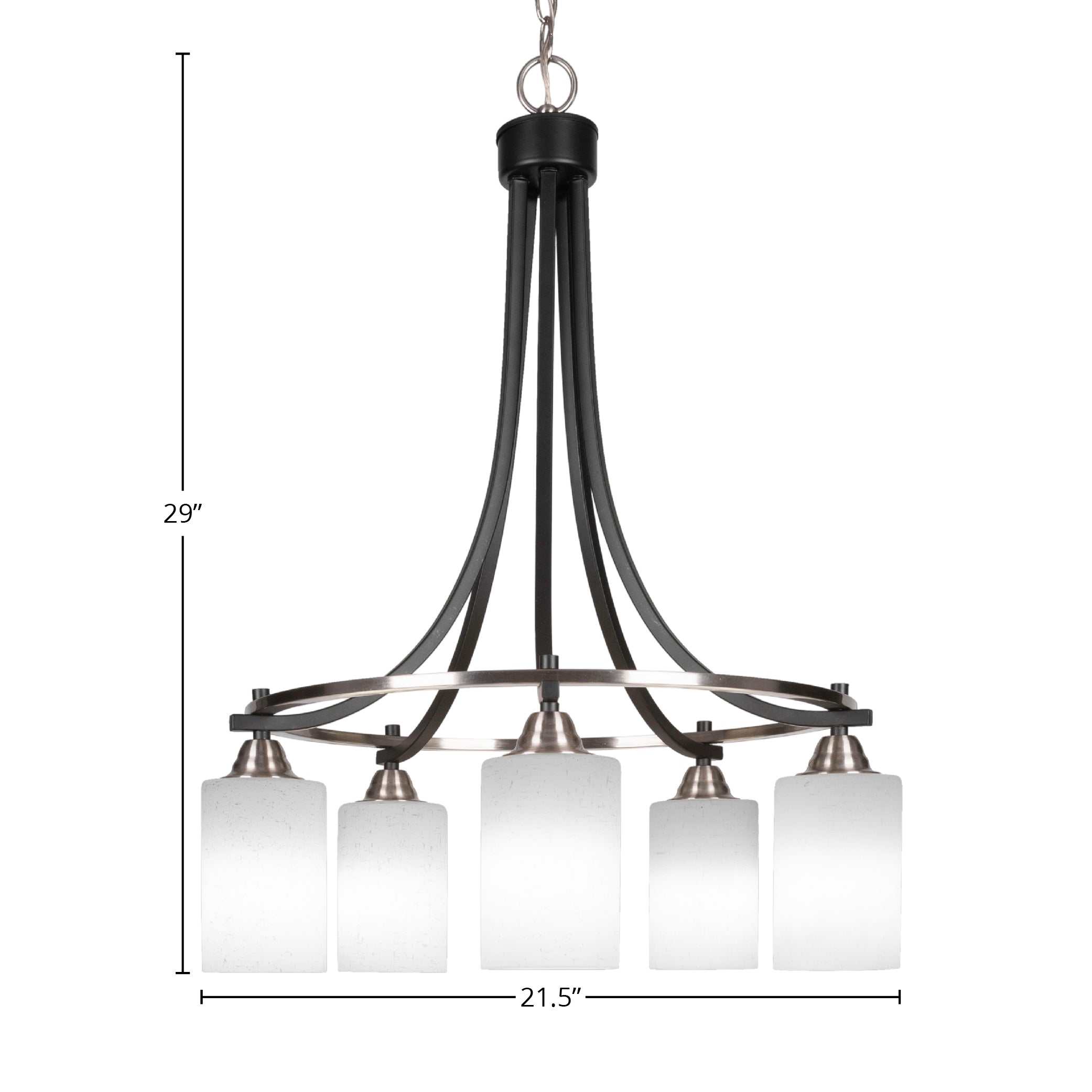 Paramount Five Light Chandelier in Matte Black & Brushed Nickel with 4" White Muslin Shade
