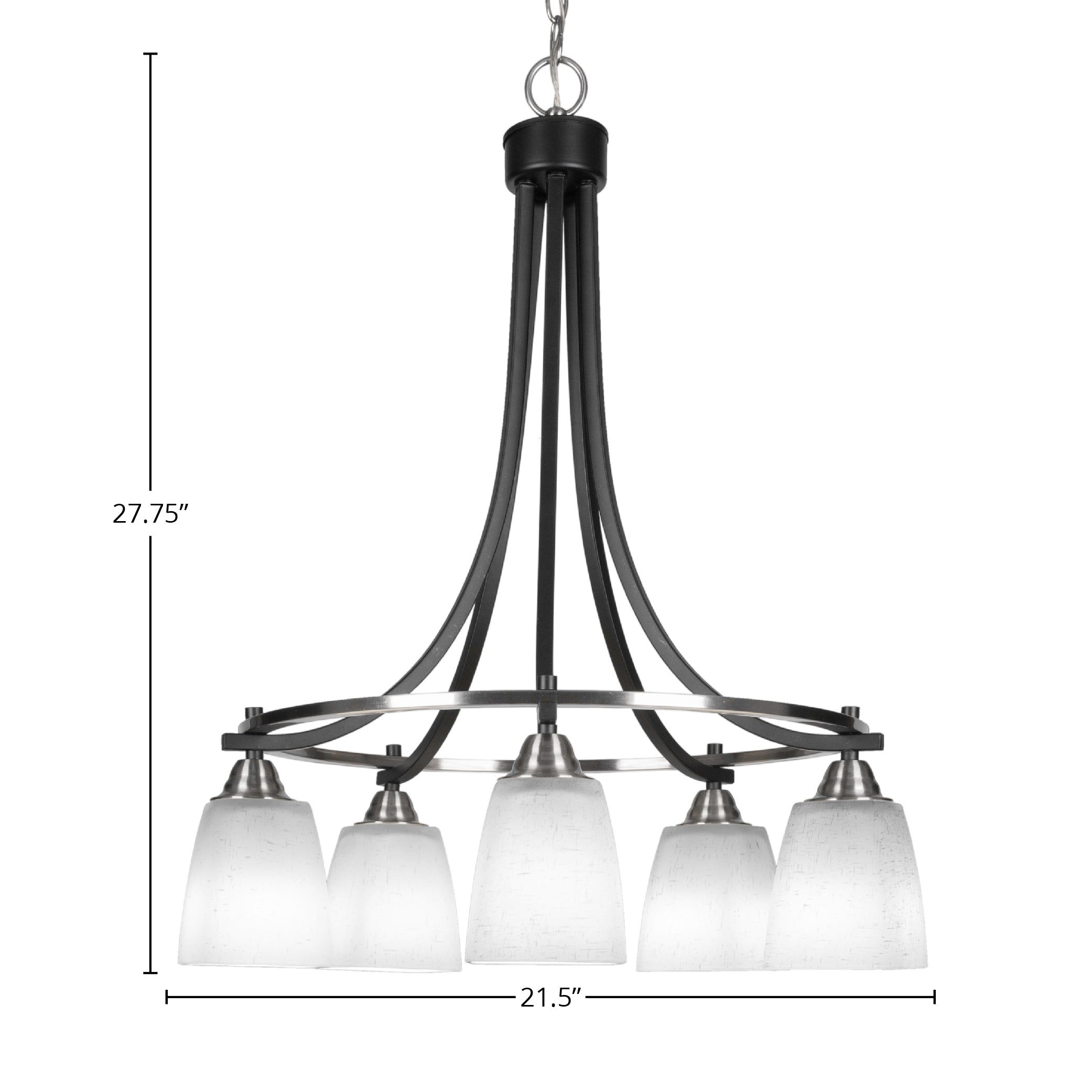 Paramount Five Light Chandelier in Matte Black & Brushed Nickel with 4.5" Square White Muslin Shade