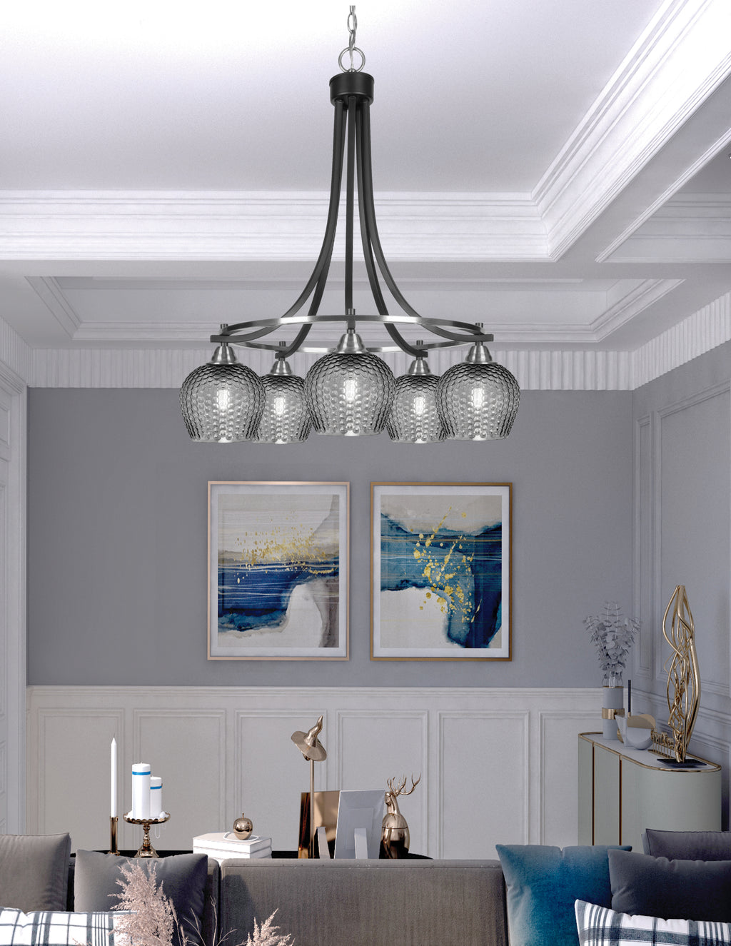 Paramount Five Light Chandelier in Matte Black & Brushed Nickel with Smoke Textured Shade