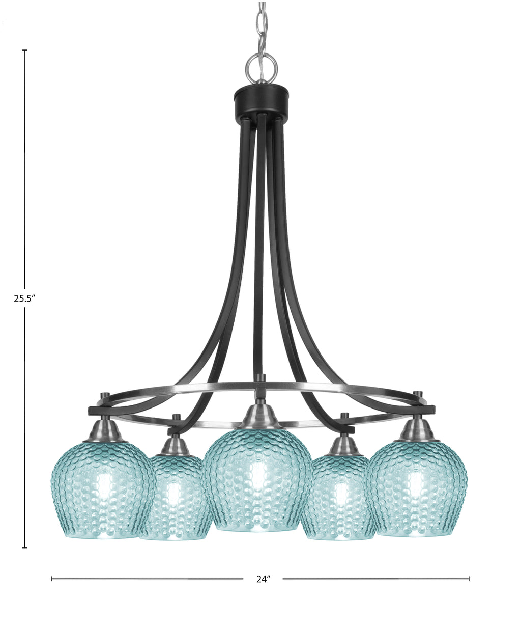 Paramount Five Light Chandelier in Matte Black & Brushed Nickel with Turquoise Textured Shade