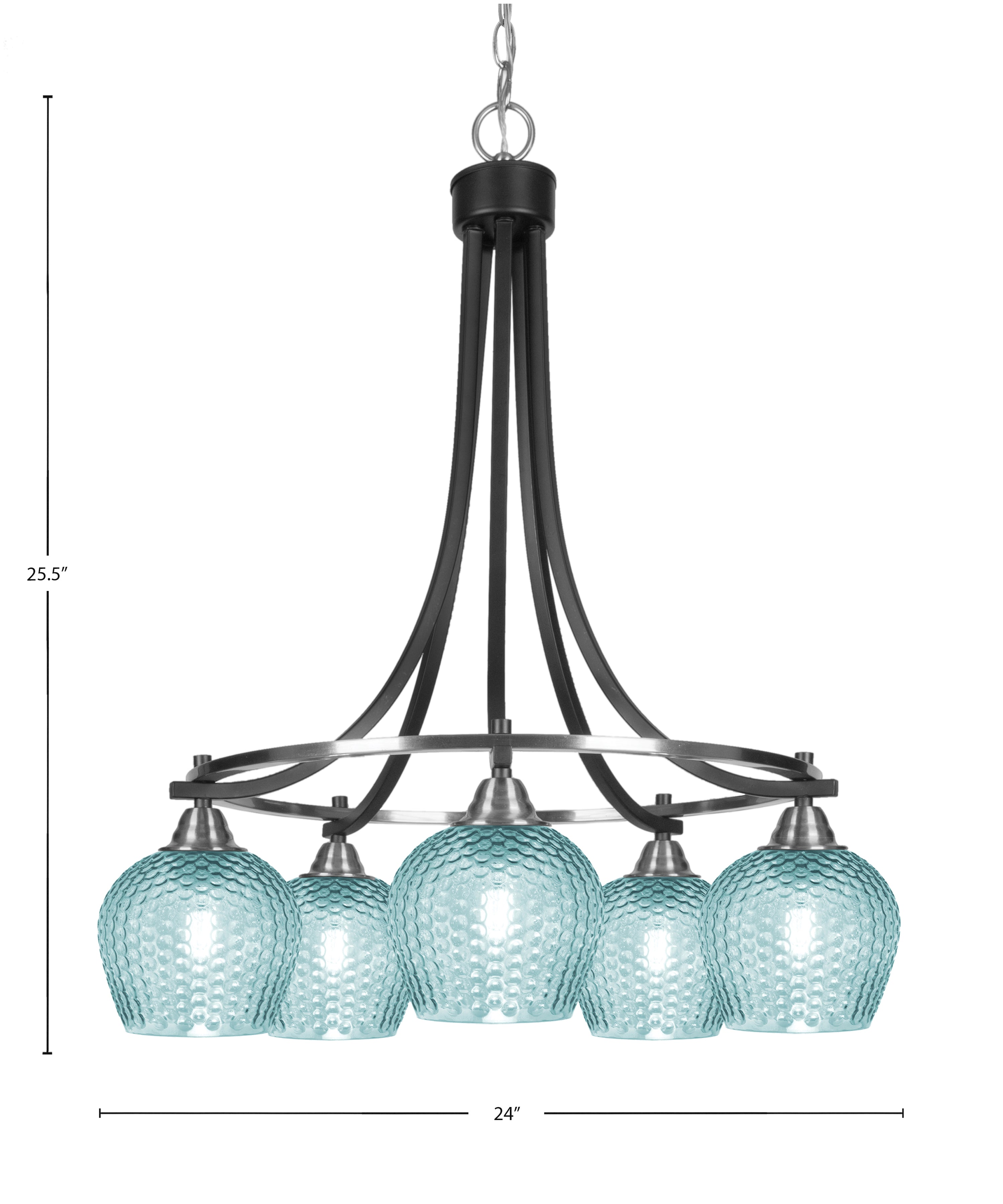 Paramount Five Light Chandelier in Matte Black & Brushed Nickel with Turquoise Textured Shade