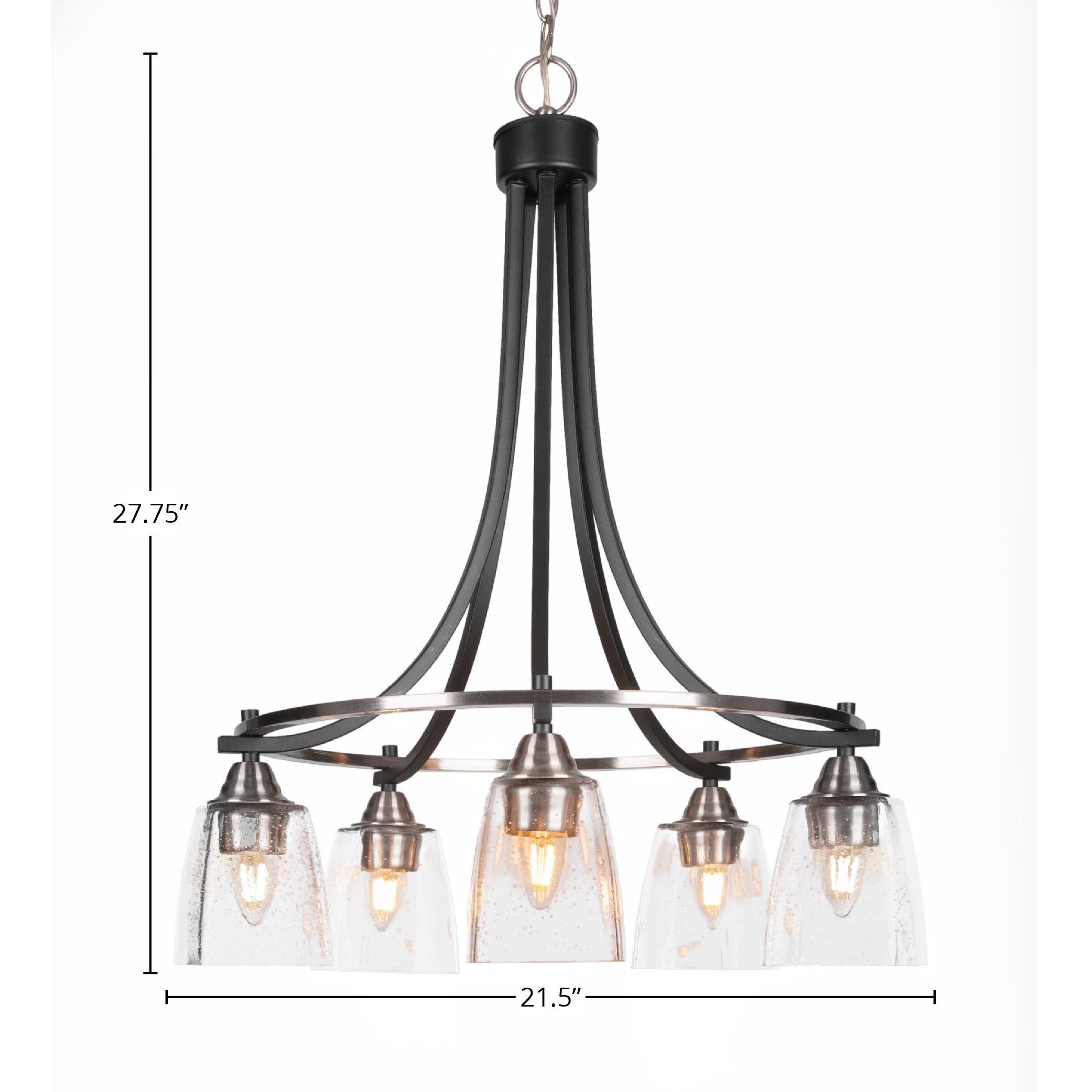 Paramount Five Light Chandelier in Matte Black & Brushed Nickel with 4.5" Square Clear Bubble Shade