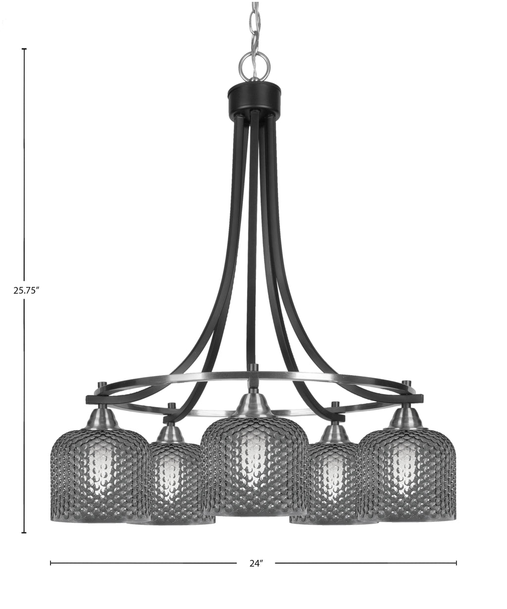 Paramount Five Light Chandelier in Matte Black & Brushed Nickel with Smoke Textured Shade