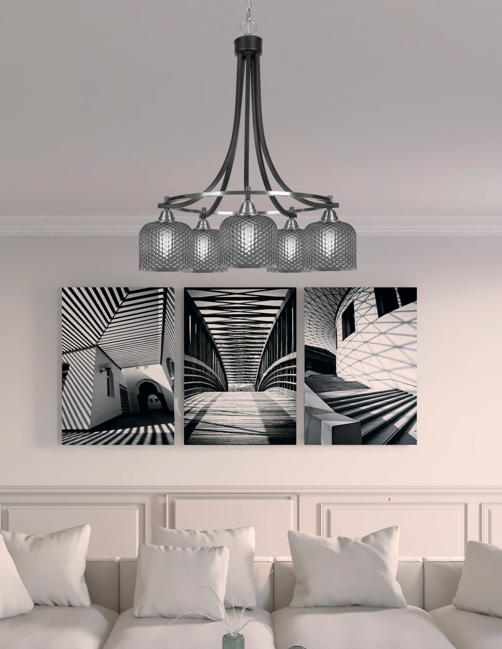 Paramount Five Light Chandelier in Matte Black & Brushed Nickel with Smoke Textured Shade