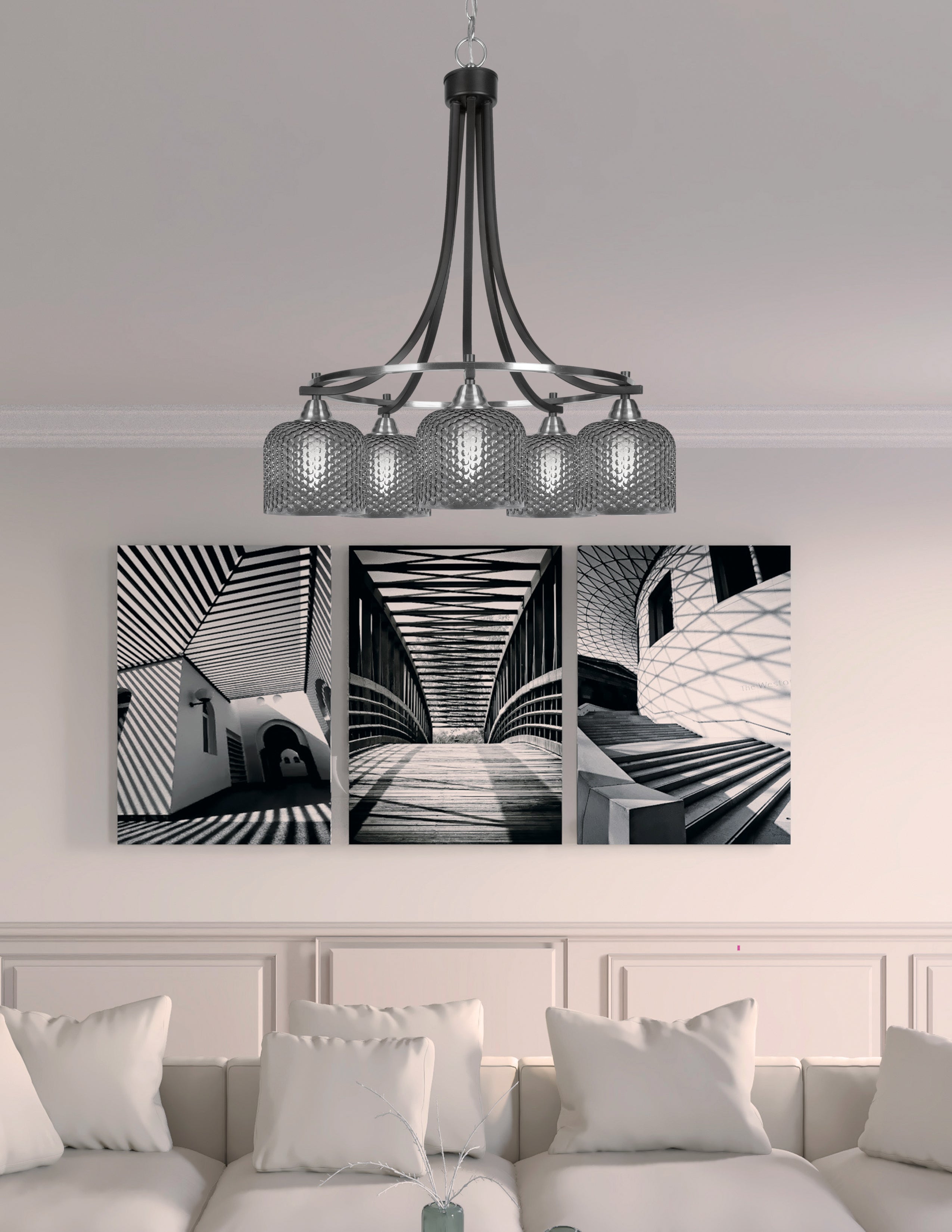 Paramount Five Light Chandelier in Matte Black & Brushed Nickel with Smoke Textured Shade
