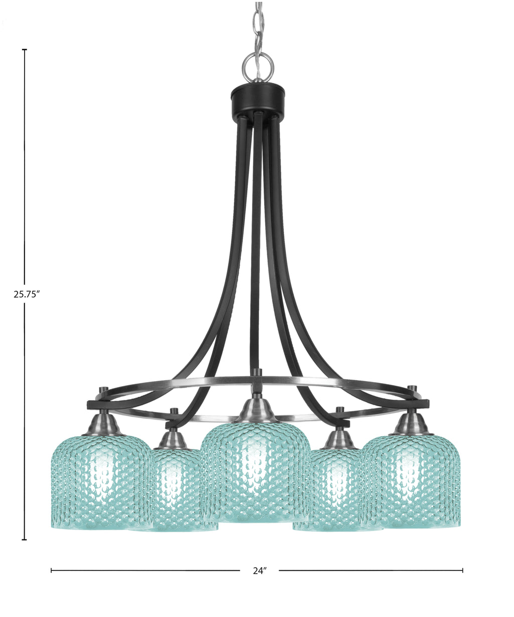 Paramount Five Light Chandelier in Matte Black & Brushed Nickel with Turquoise Textured Shade