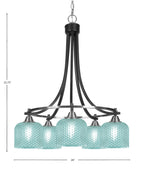 Paramount Five Light Chandelier in Matte Black & Brushed Nickel with Turquoise Textured Shade
