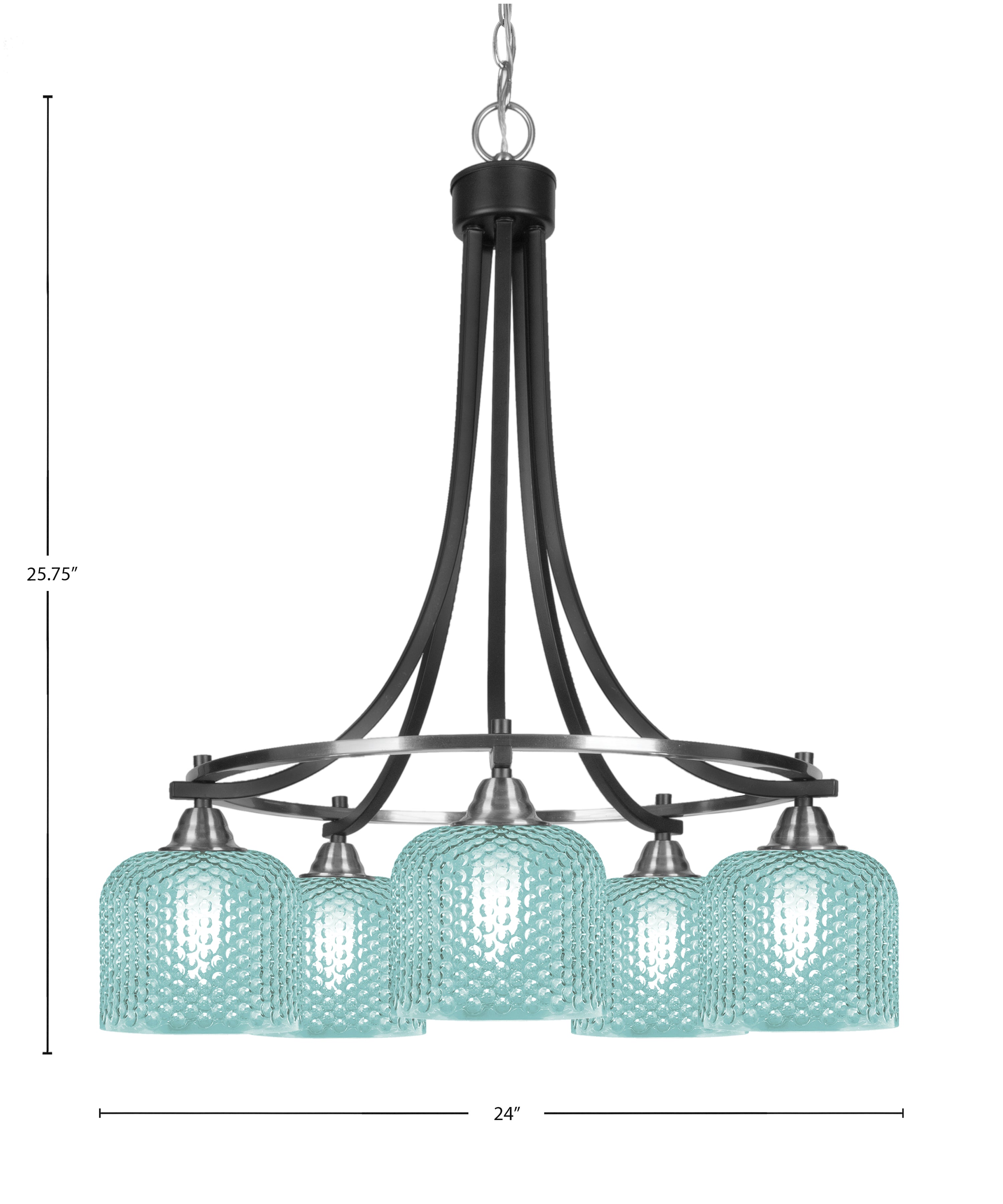 Paramount Five Light Chandelier in Matte Black & Brushed Nickel with Turquoise Textured Shade