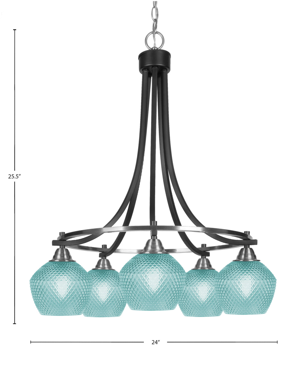 Paramount Five Light Chandelier in Matte Black & Brushed Nickel with Turquoise Textured Shade