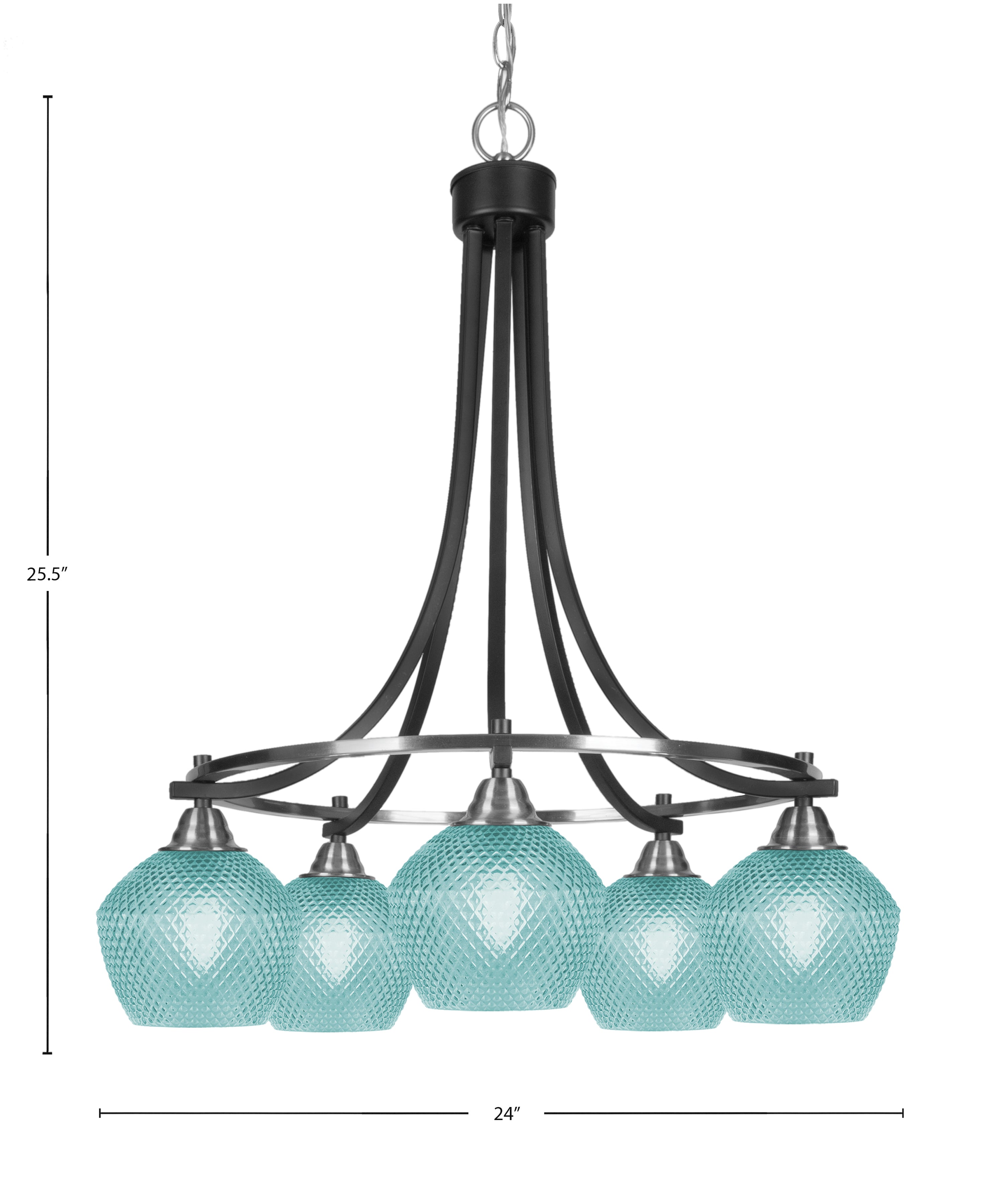Paramount Five Light Chandelier in Matte Black & Brushed Nickel with Turquoise Textured Shade