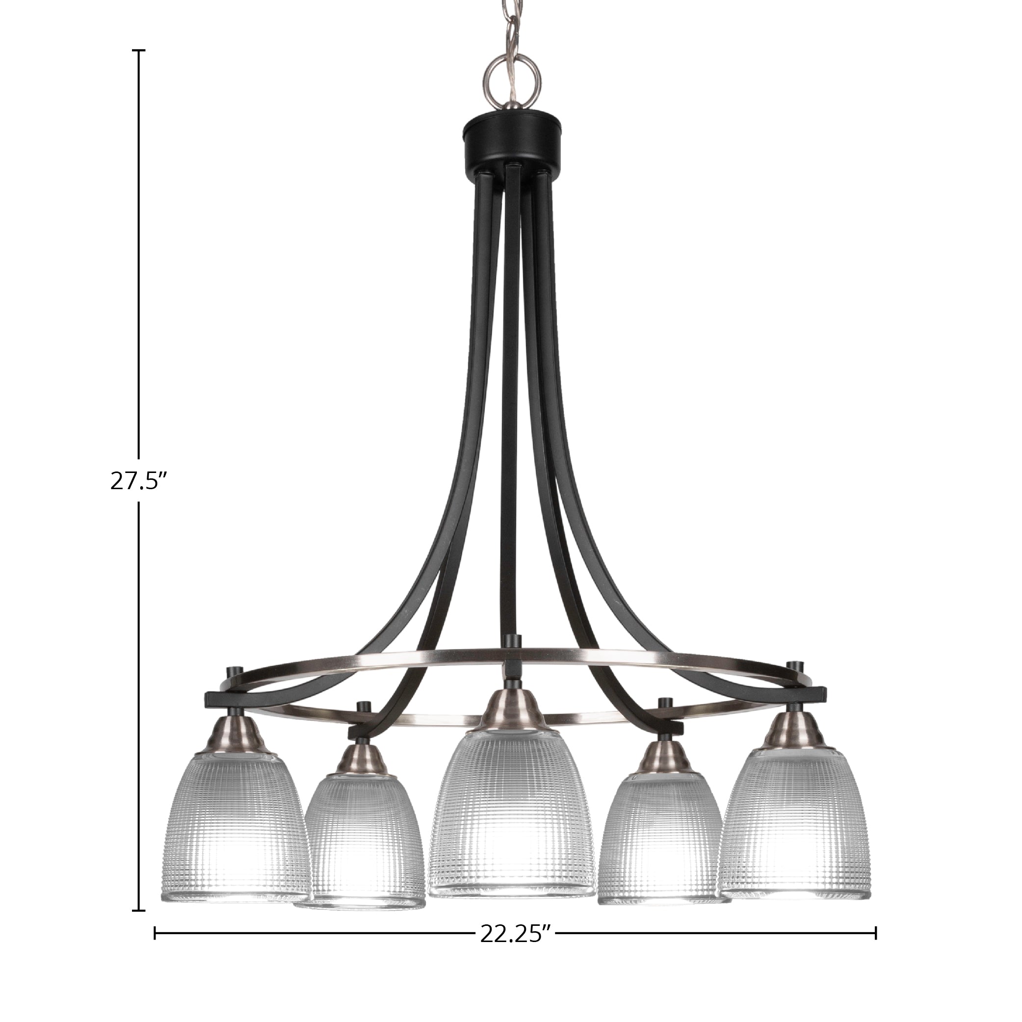 Paramount Five Light Chandelier in Matte Black & Brushed Nickel with 5" Clear Ribbed Shade