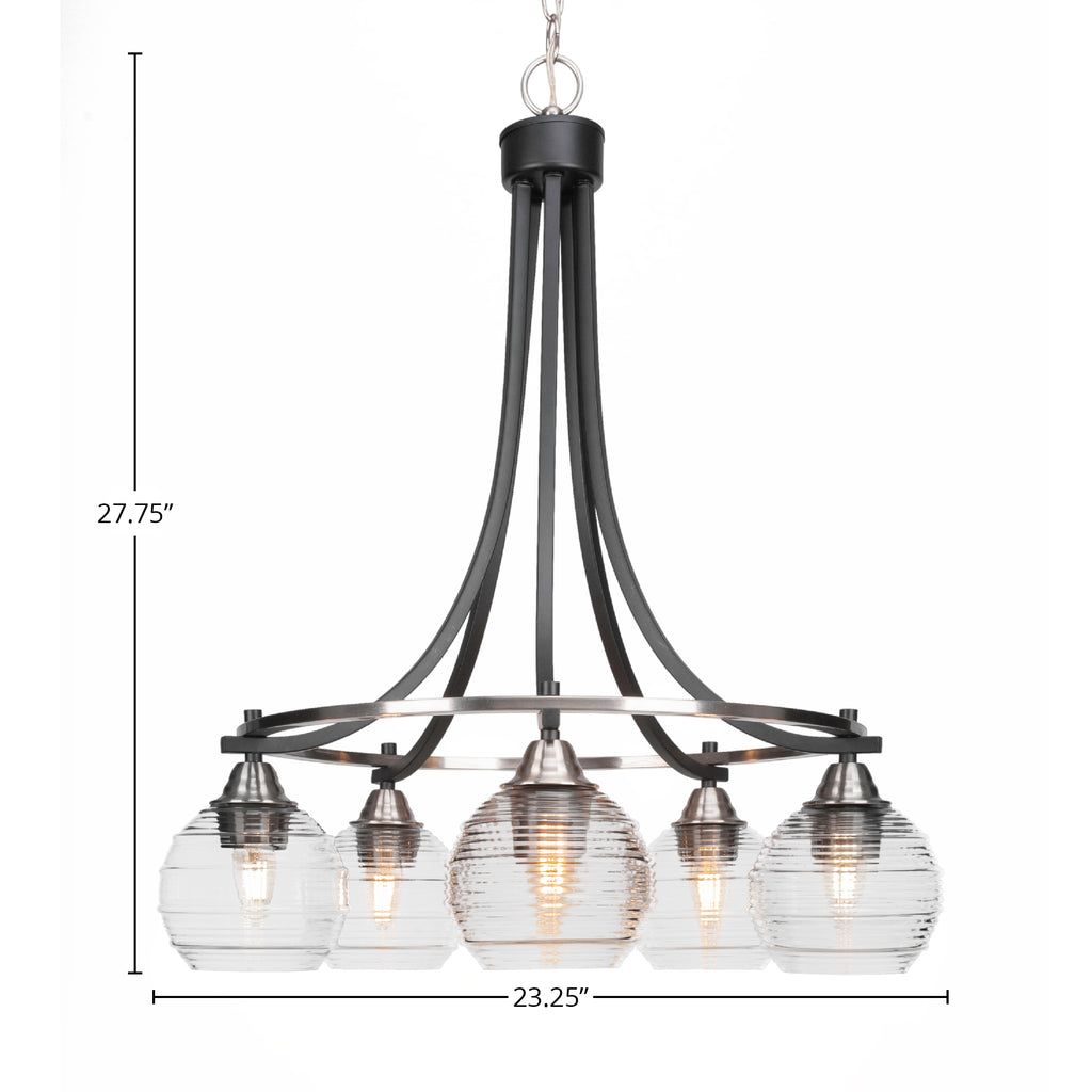 Paramount Five Light Chandelier in Matte Black & Brushed Nickel with 6" Clear Ribbed Shade