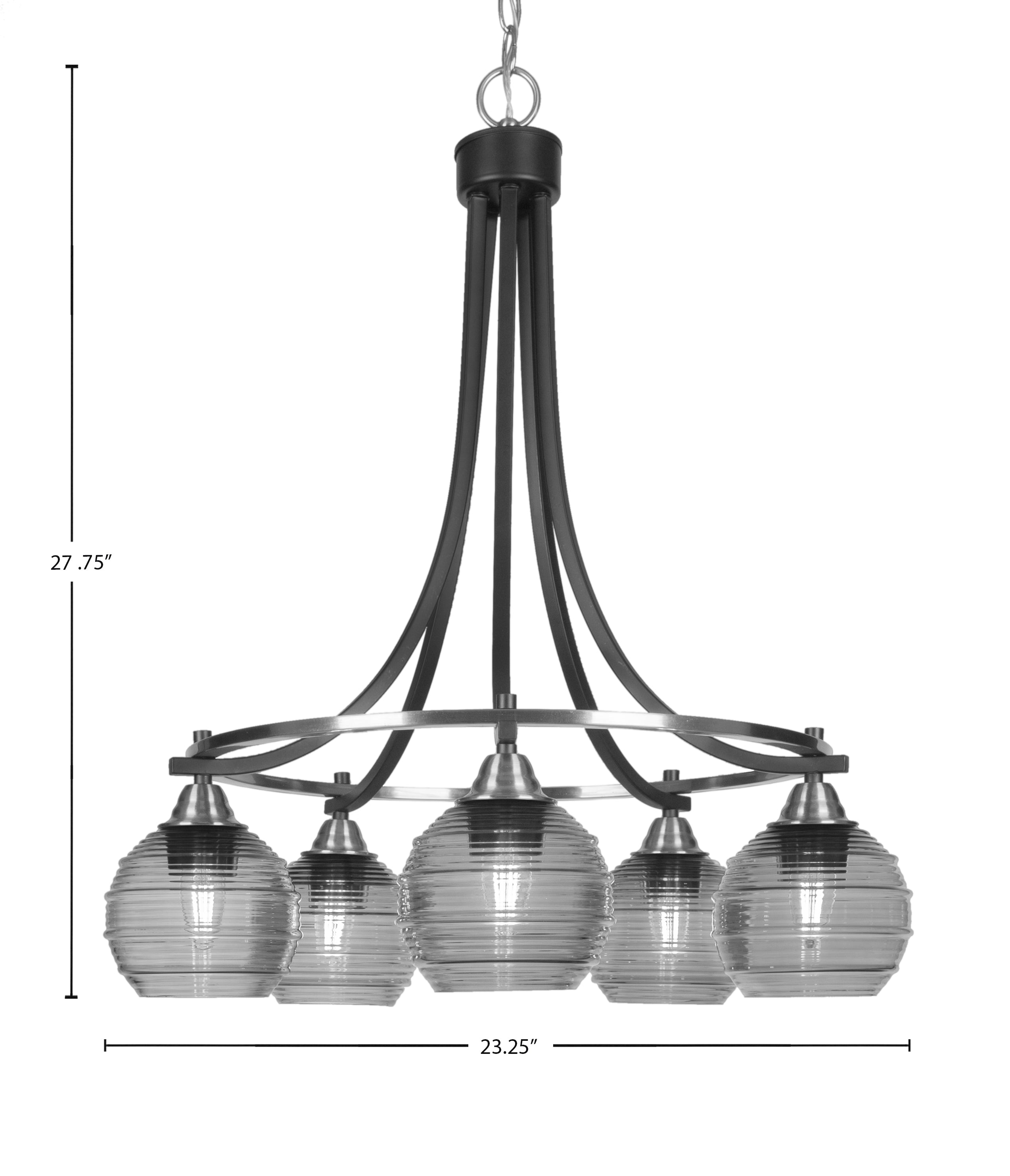 Paramount Five Light Chandelier in Matte Black & Brushed Nickel with 6" Smoke Ribbed Shade
