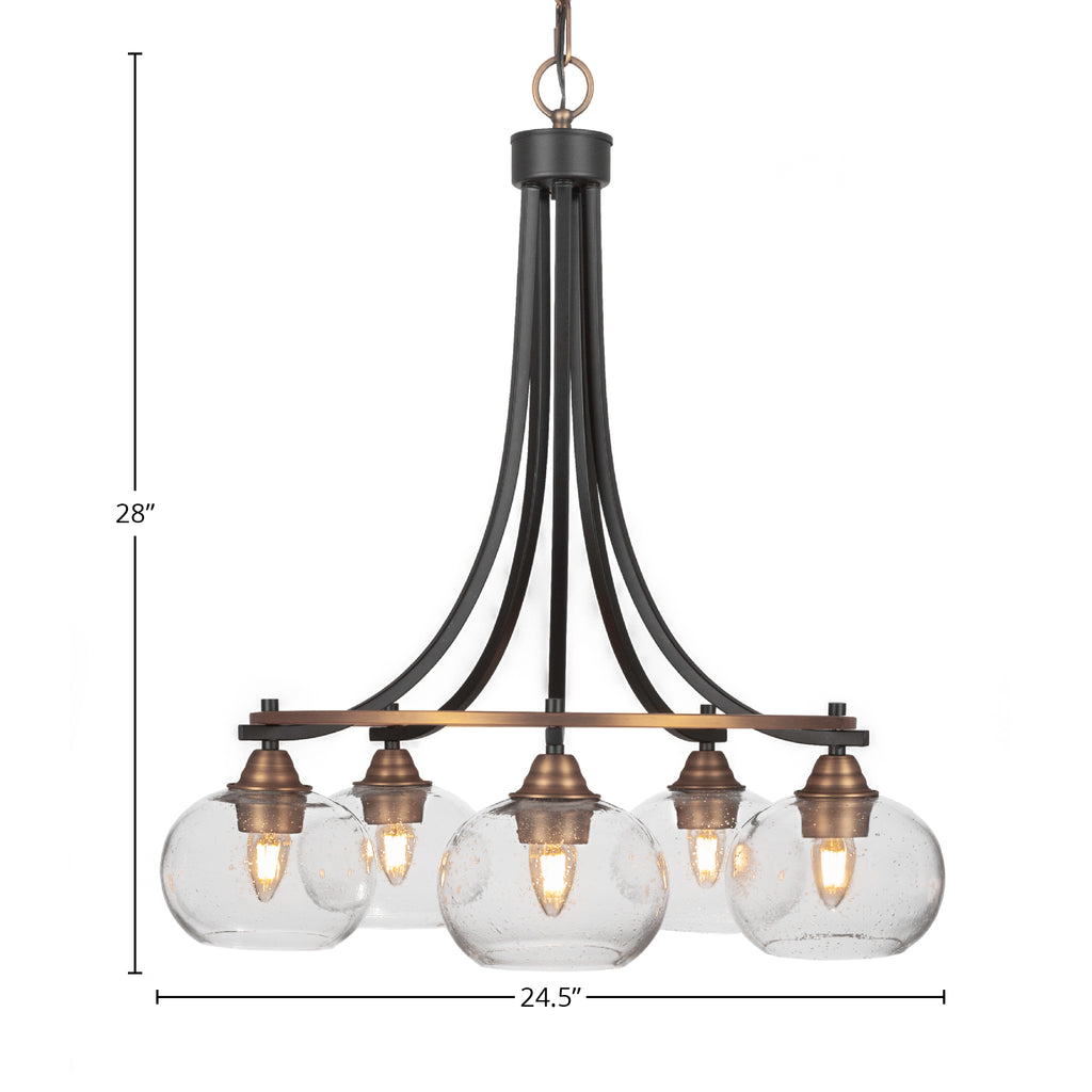 Paramount Five Light Chandelier in Matte Black & Brass with 7" Clear Bubble Shade