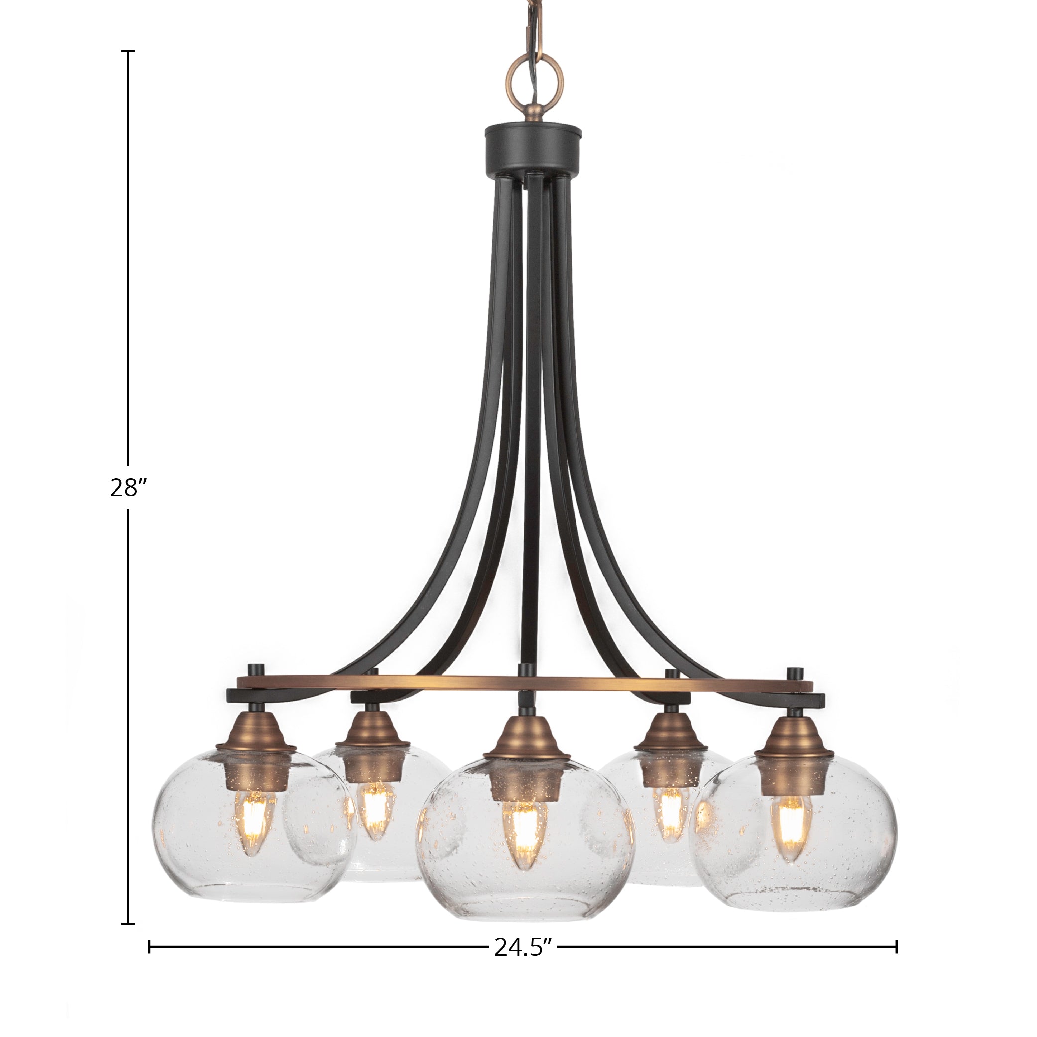Paramount Five Light Chandelier in Matte Black & Brass with 7" Clear Bubble Shade