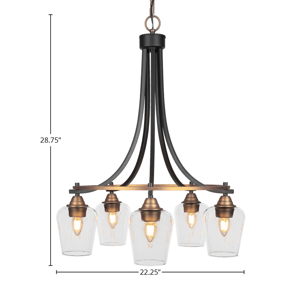 Paramount Five Light Chandelier in Matte Black & Brass with 5" Clear Bubble Shade