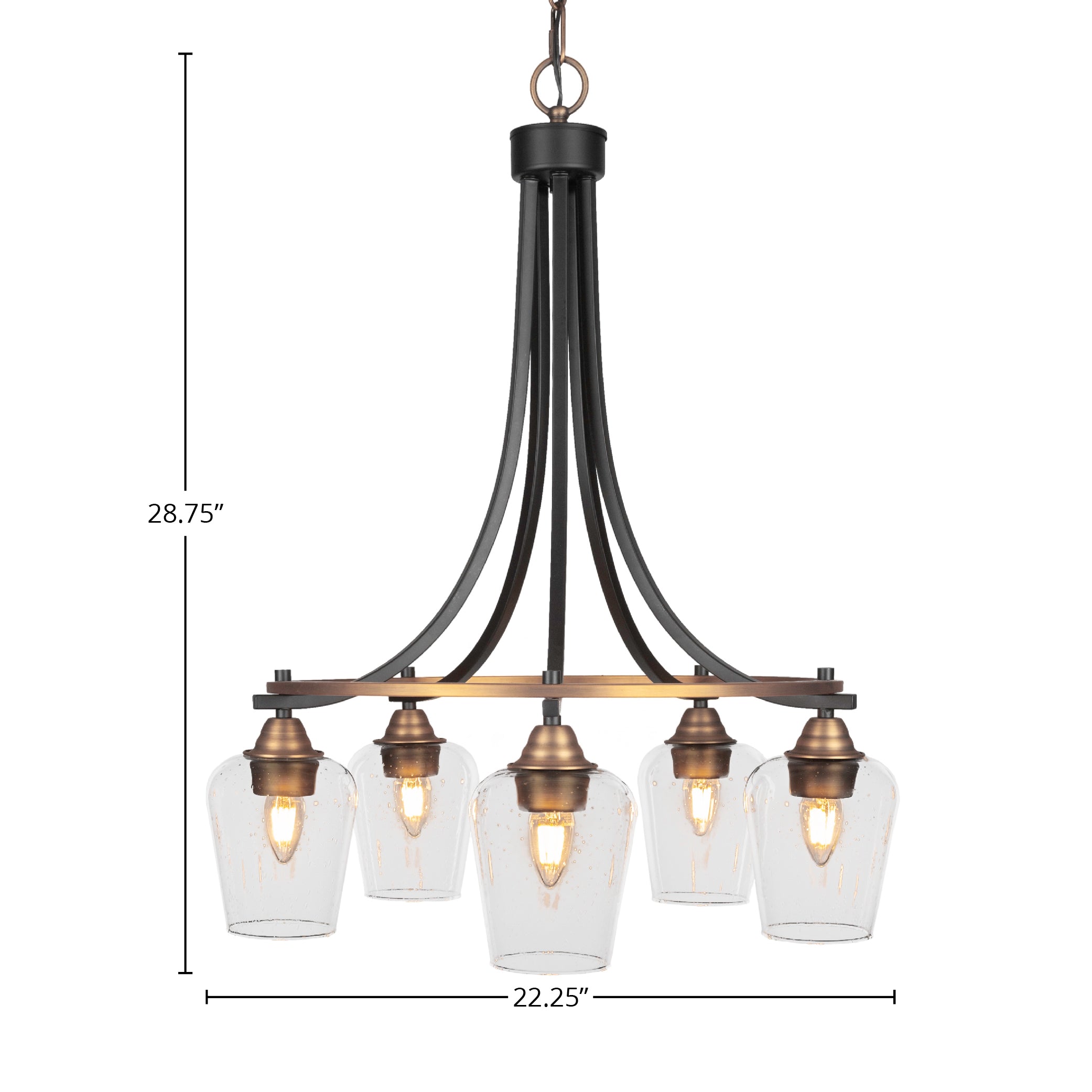 Paramount Five Light Chandelier in Matte Black & Brass with 5" Clear Bubble Shade