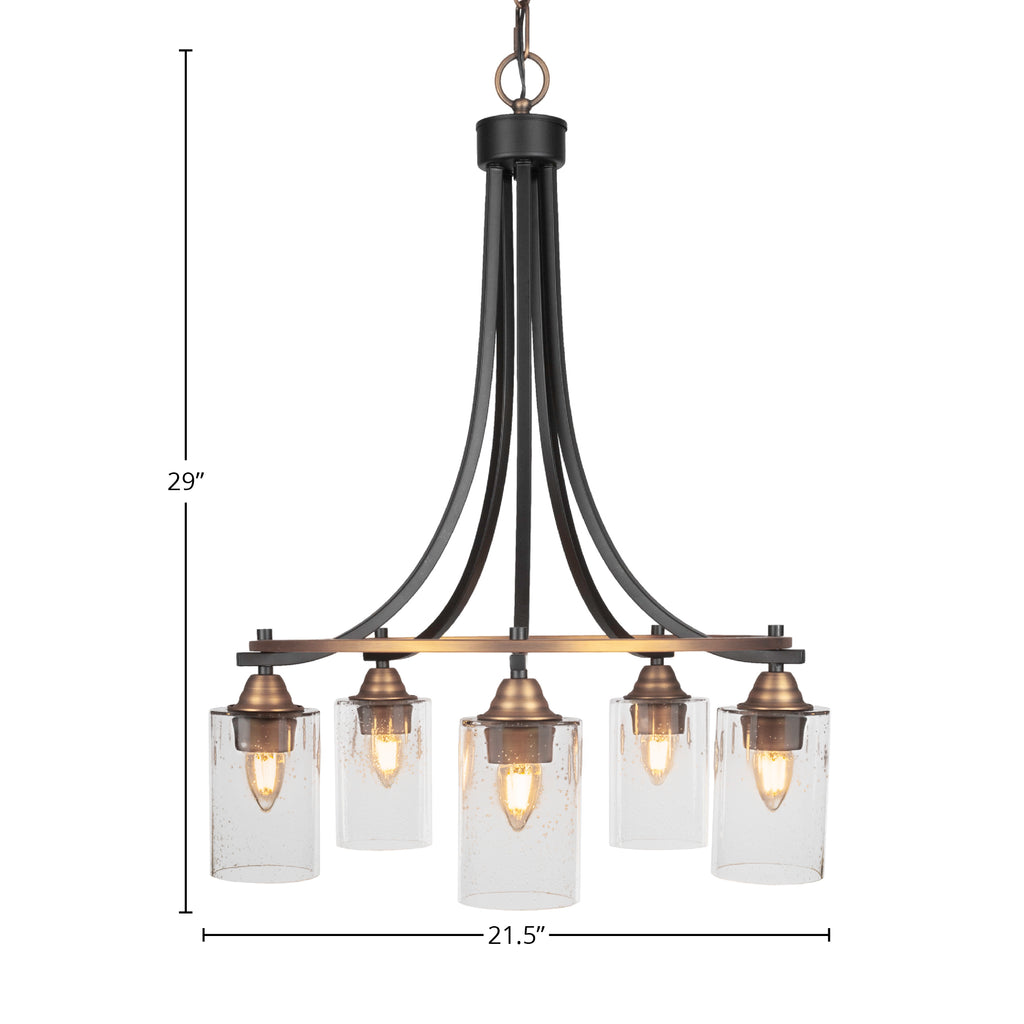 Paramount Five Light Chandelier in Matte Black & Brass with 4" Clear Bubble Shade