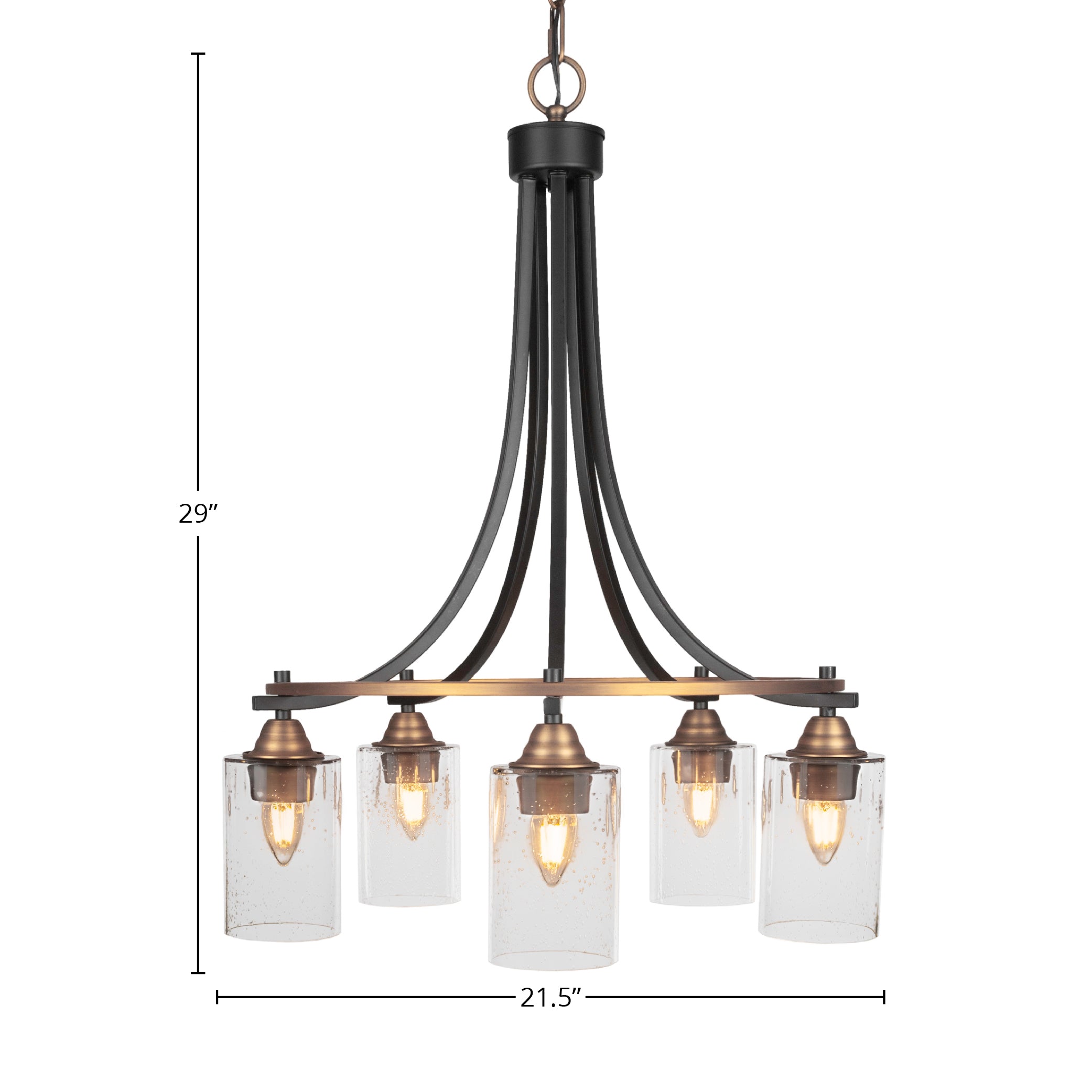 Paramount Five Light Chandelier in Matte Black & Brass with 4" Clear Bubble Shade