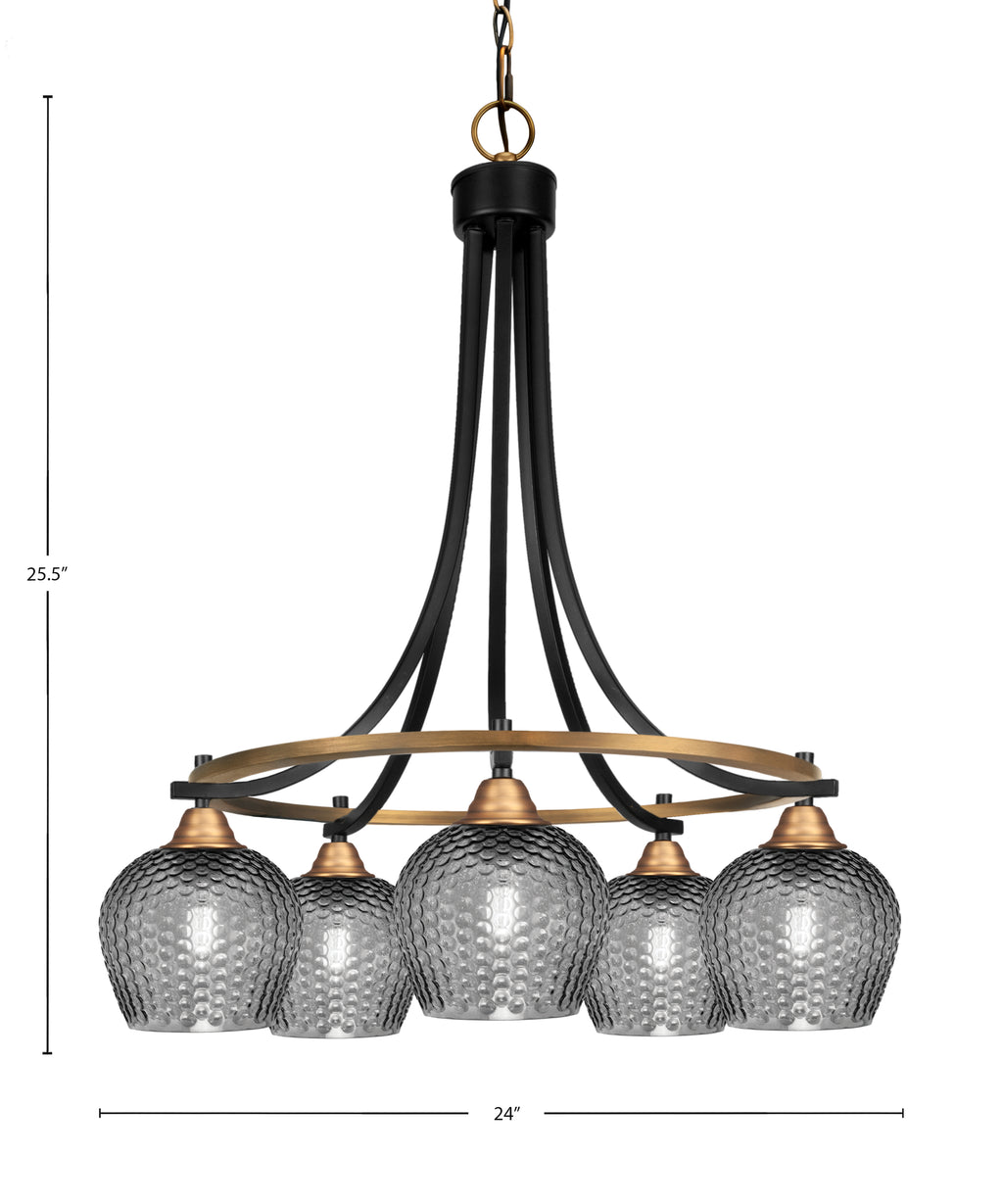 Paramount Five Light Chandelier in Matte Black & Brass with Smoke Textured Shade