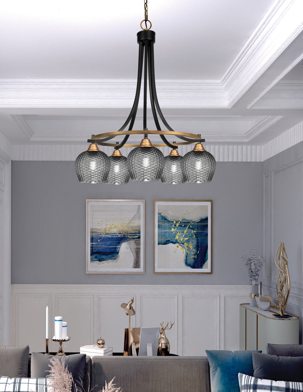 Paramount Five Light Chandelier in Matte Black & Brass with Smoke Textured Shade